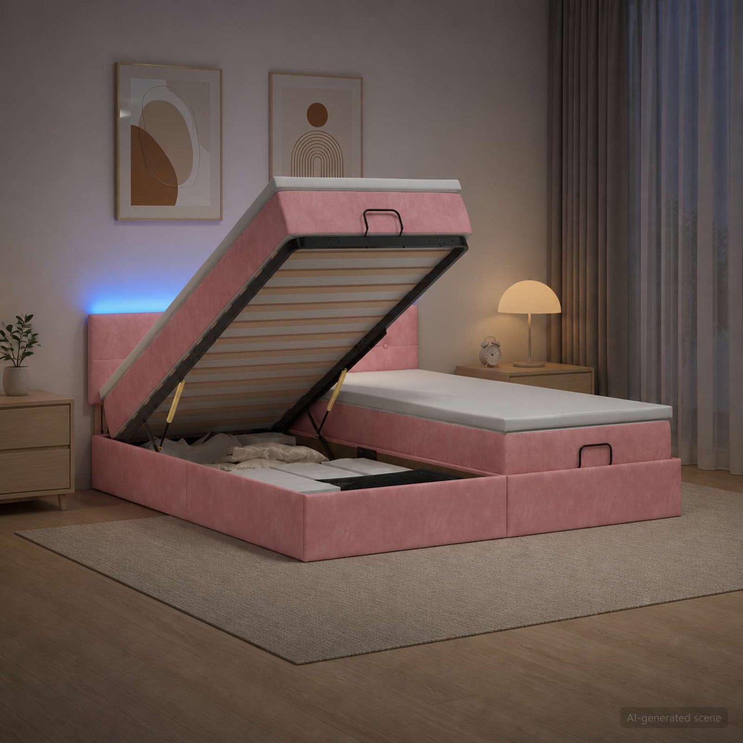 Ottoman-Bett mit Matratze und LED Rosa 200 x 200 cm Samt