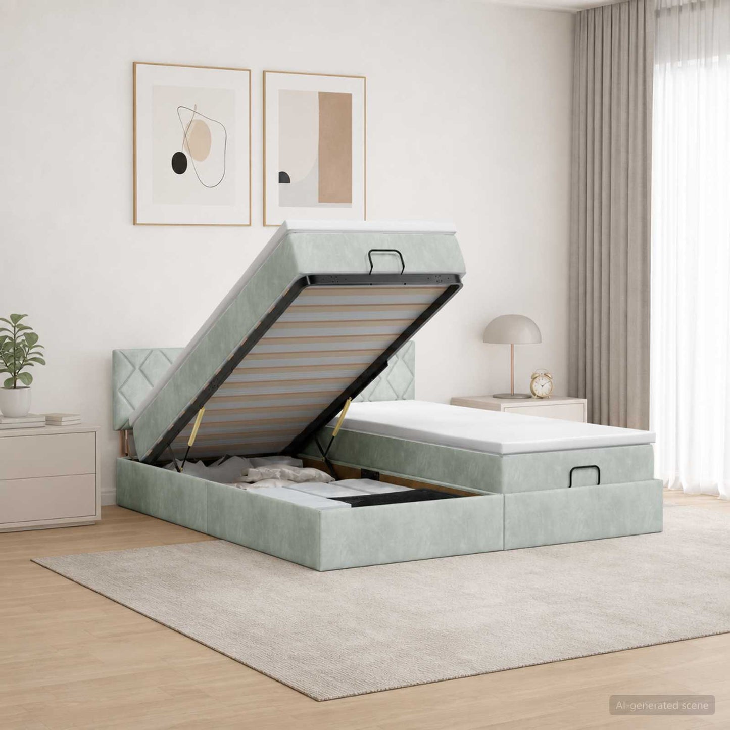 Ottoman-Bett mit Matratze und LED Hellgrau 160 x 200 cm Samt