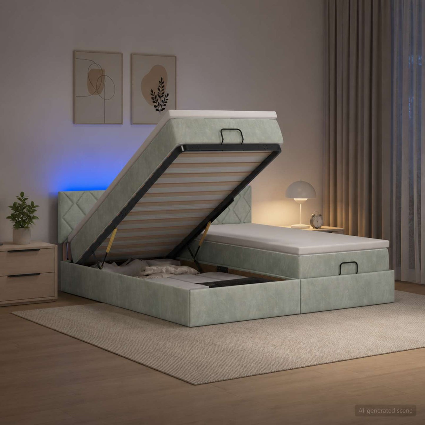 Ottoman-Bett mit Matratze und LED Hellgrau 160 x 200 cm Samt
