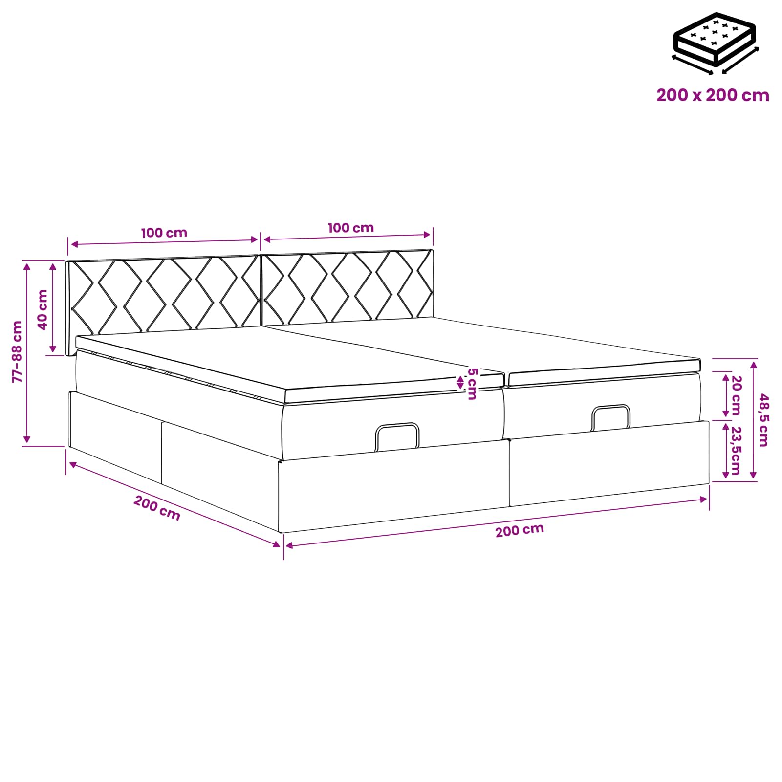 Ottoman-Bett mit Matratze und LED Hellgrau 200 x 200 cm Samt