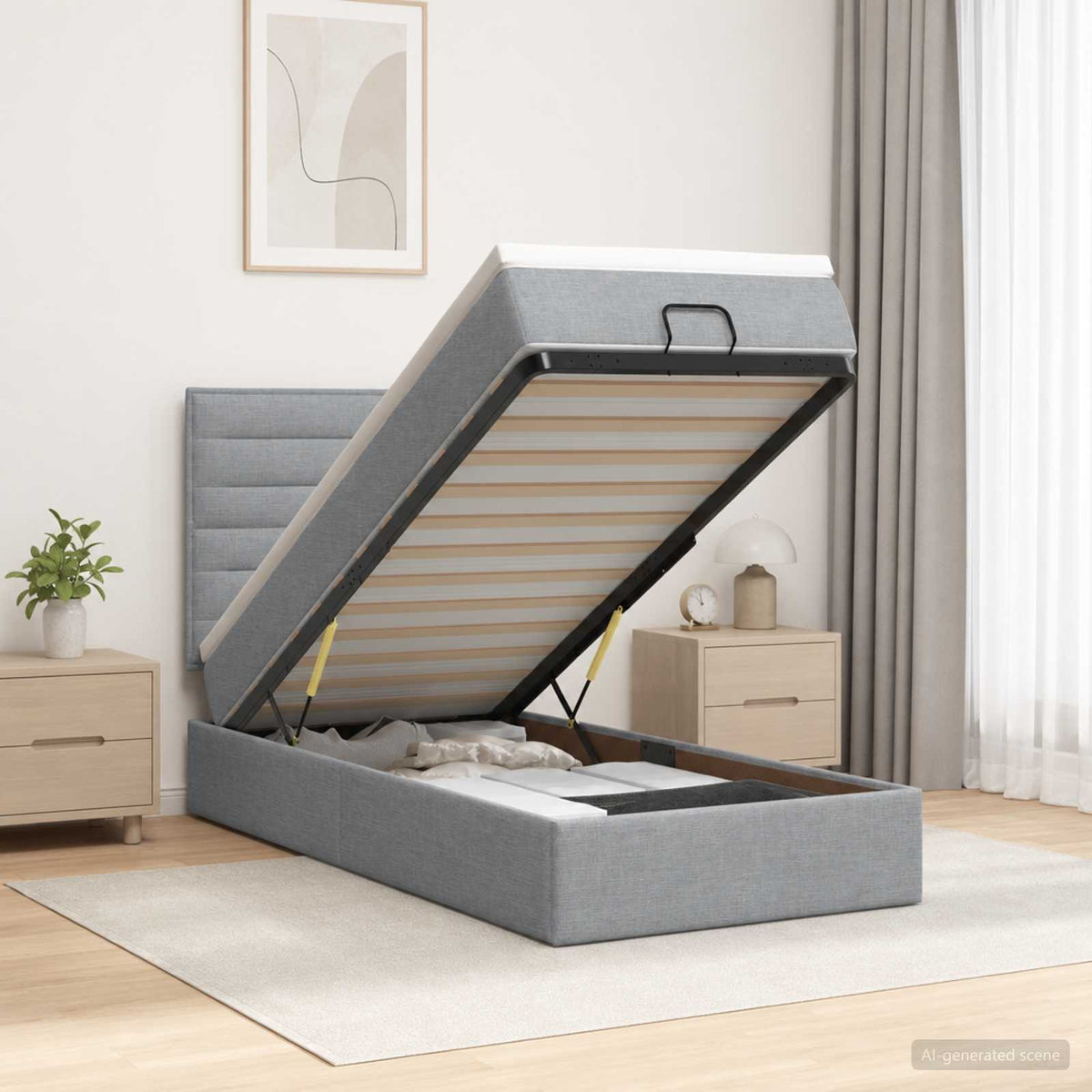 Ottoman-Bett mit Matratze und LED Hellgrau 90 x 200 cm Stoff