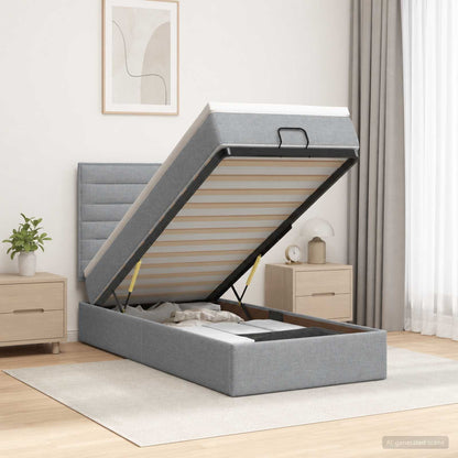 Ottoman Bett mit Matratze Hellgrau 100 x 200 cm Stoff