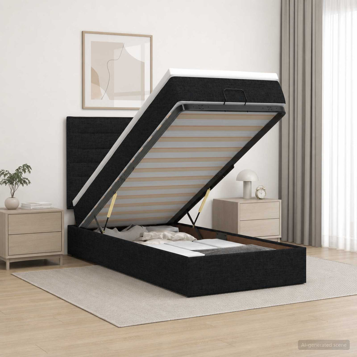Ottoman Bett mit Matratze Schwarz 100 x 200 cm Stoff