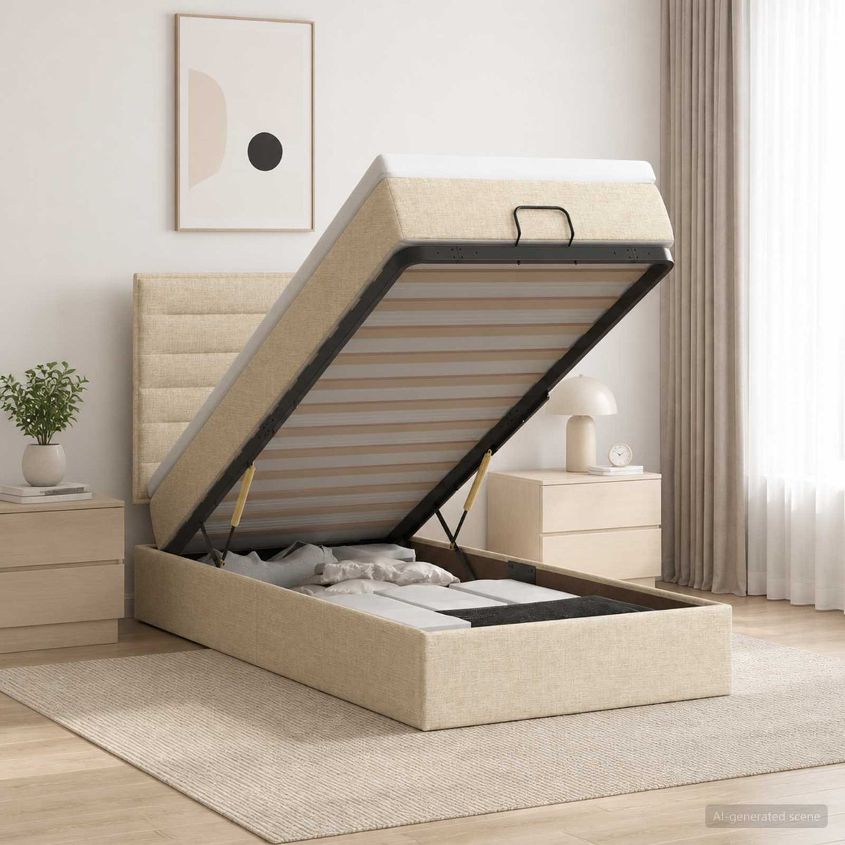 Ottoman Bett mit Matratze mit Kopfteil Creme 100 x 200 cm Stoff