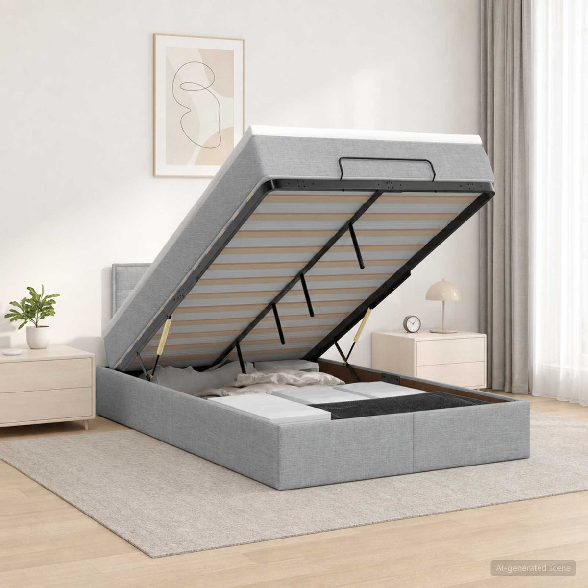 Ottoman-Bett mit Matratze und LED Hellgrau 120 x 200 cm Stoff