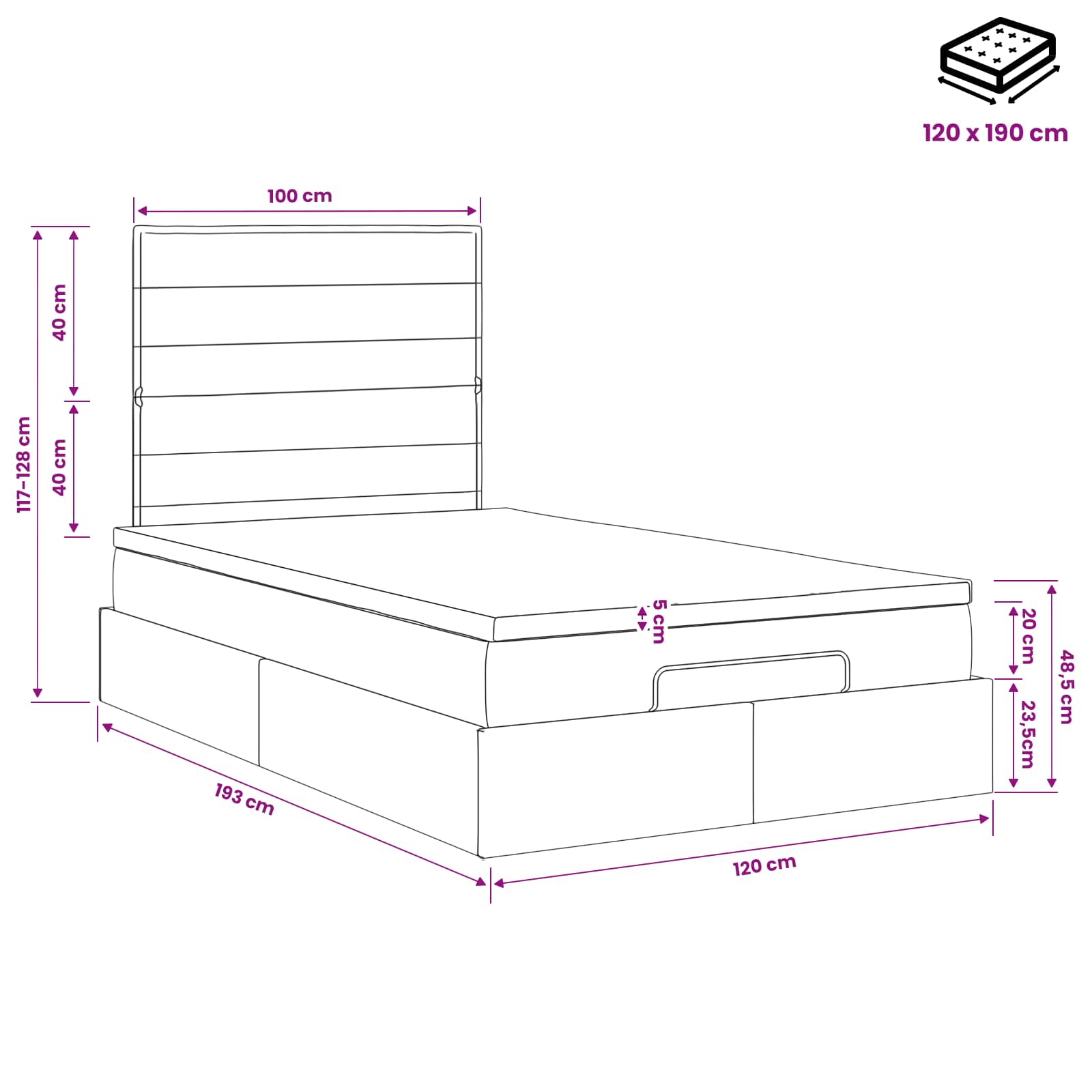 Ottoman Bett mit Matratze Dunkelgrau 120 x 190 cm Stoff