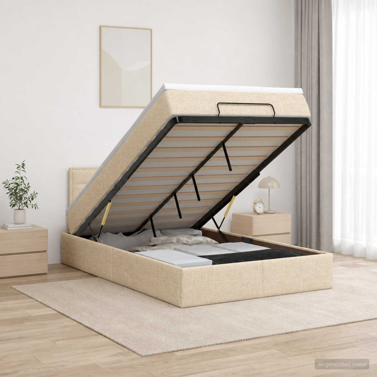 Ottoman-Bett mit Matratze und LED Creme 120 x 200 cm Stoff