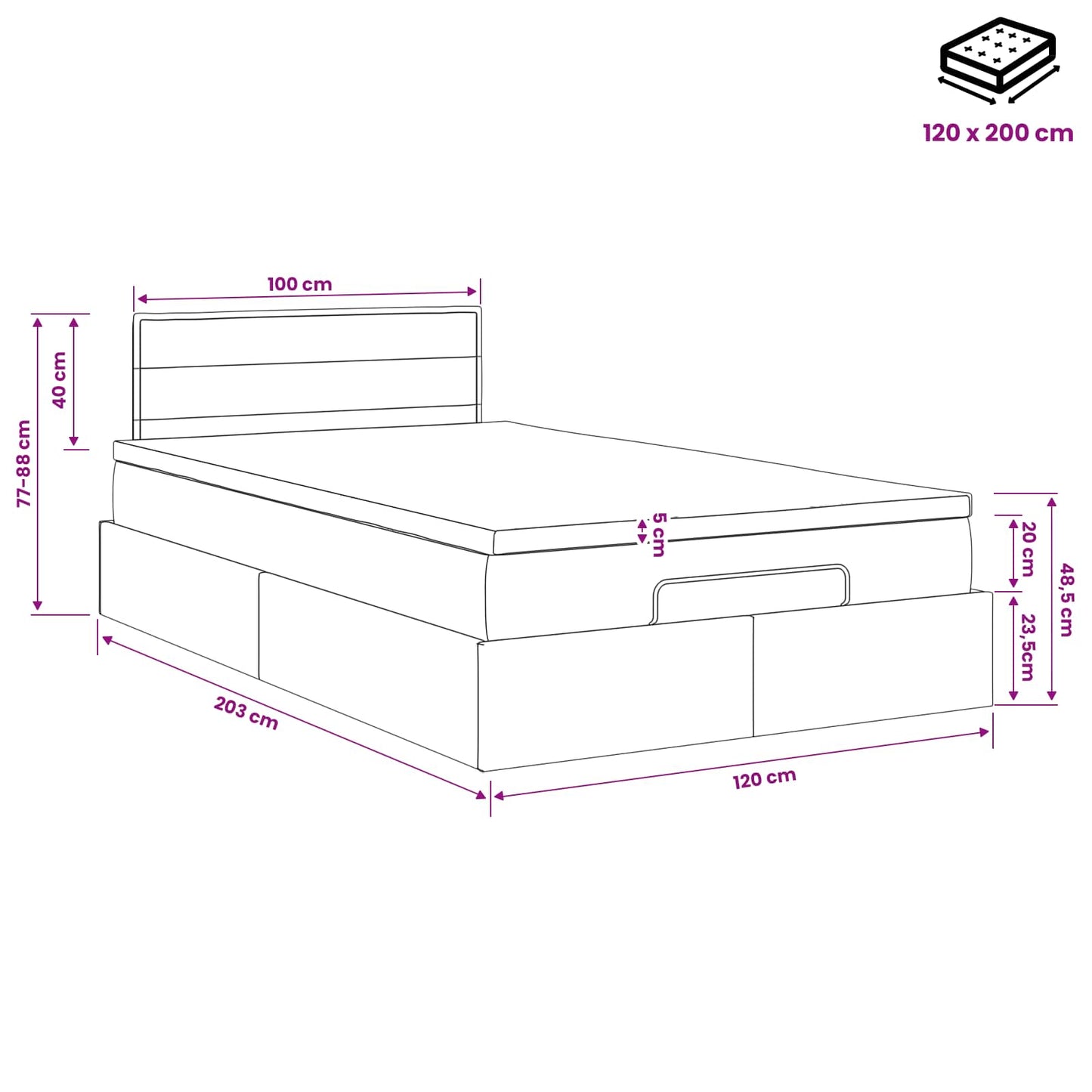 Ottoman Bett mit Matratze Dunkelgrau 120 x 200 cm Stoff