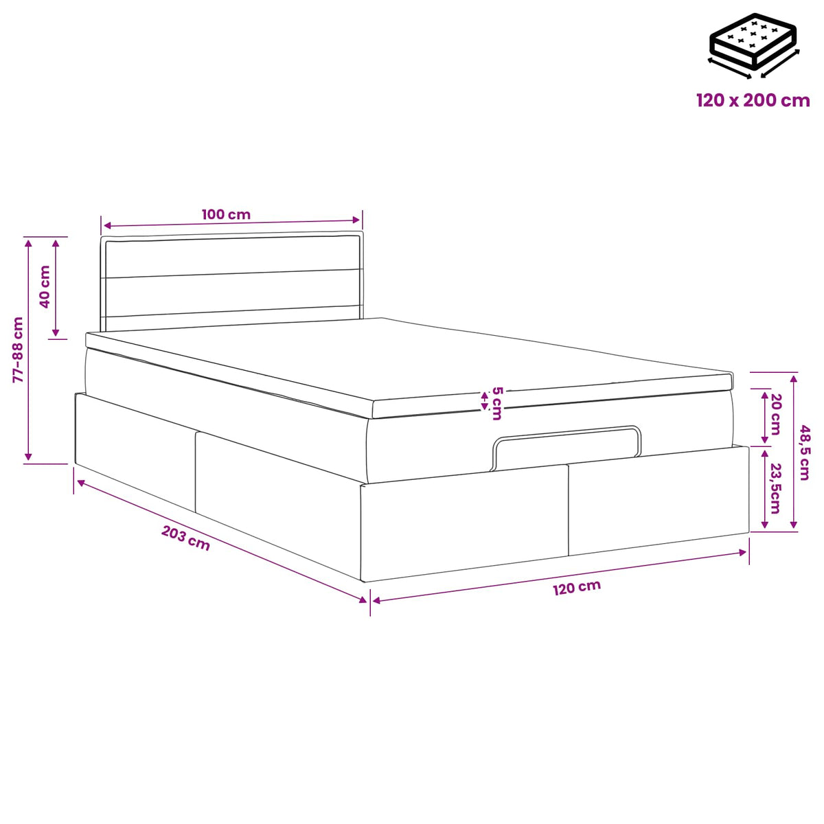 Ottoman Bett mit Matratze Dunkelgrau 120 x 200 cm Stoff