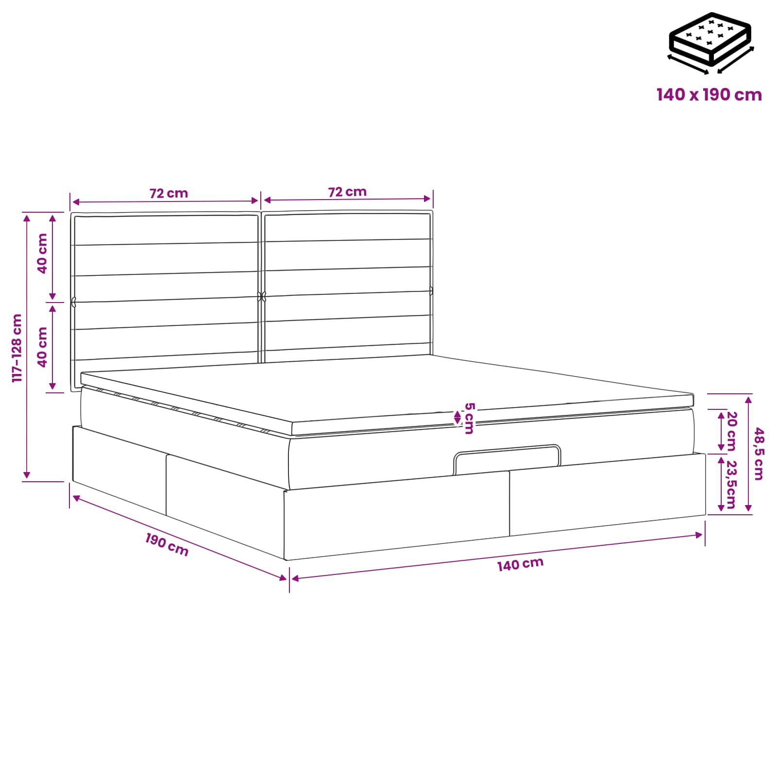 Ottoman Bett mit Matratze Dunkelgrau 140 x 190 cm Stoff