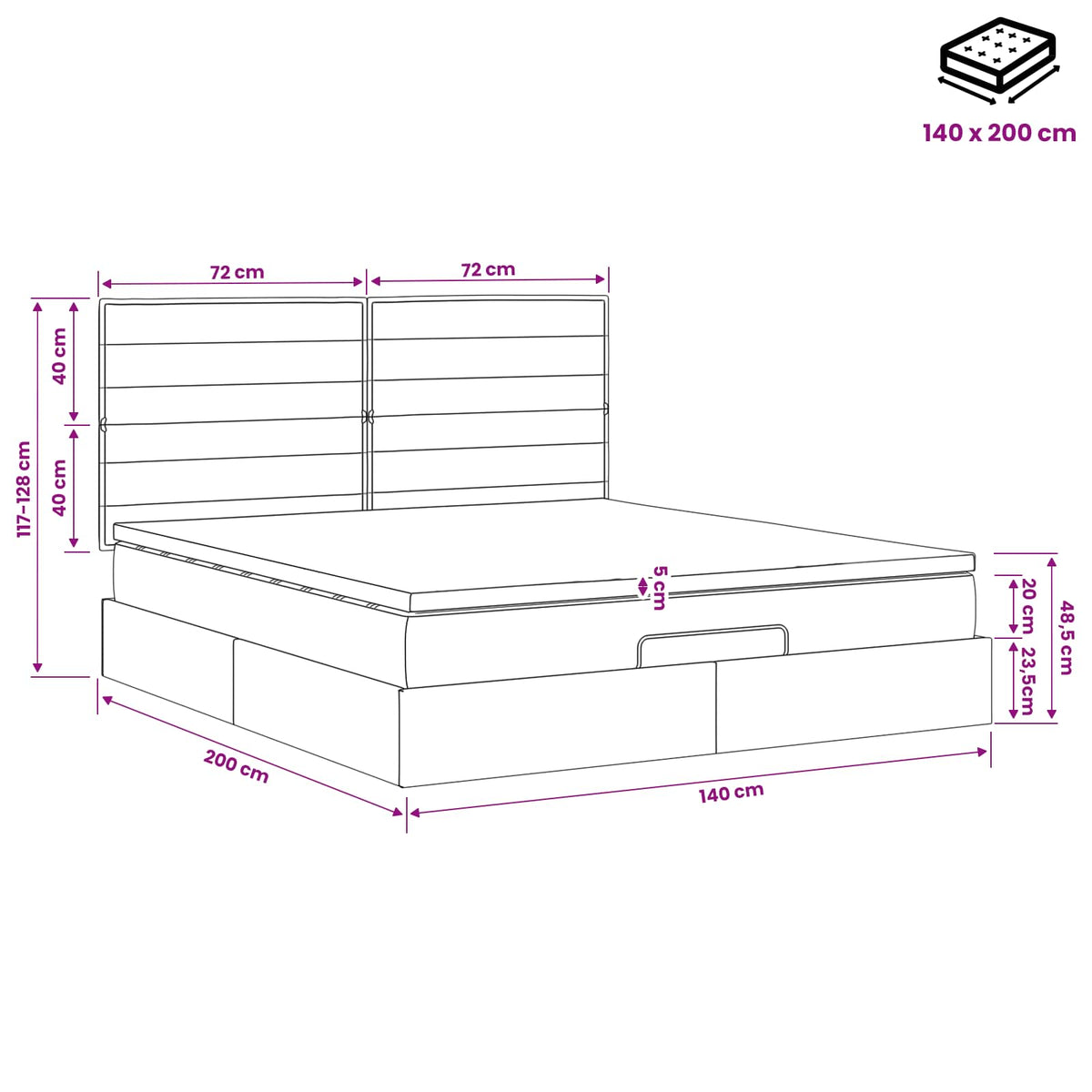 Ottoman Bett mit Matratze Hellgrau 140 x 200 cm Stoff