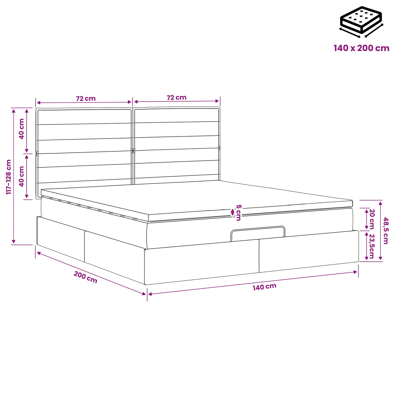Ottoman Bett mit Matratze Dunkelgrau 140 x 200 cm Stoff