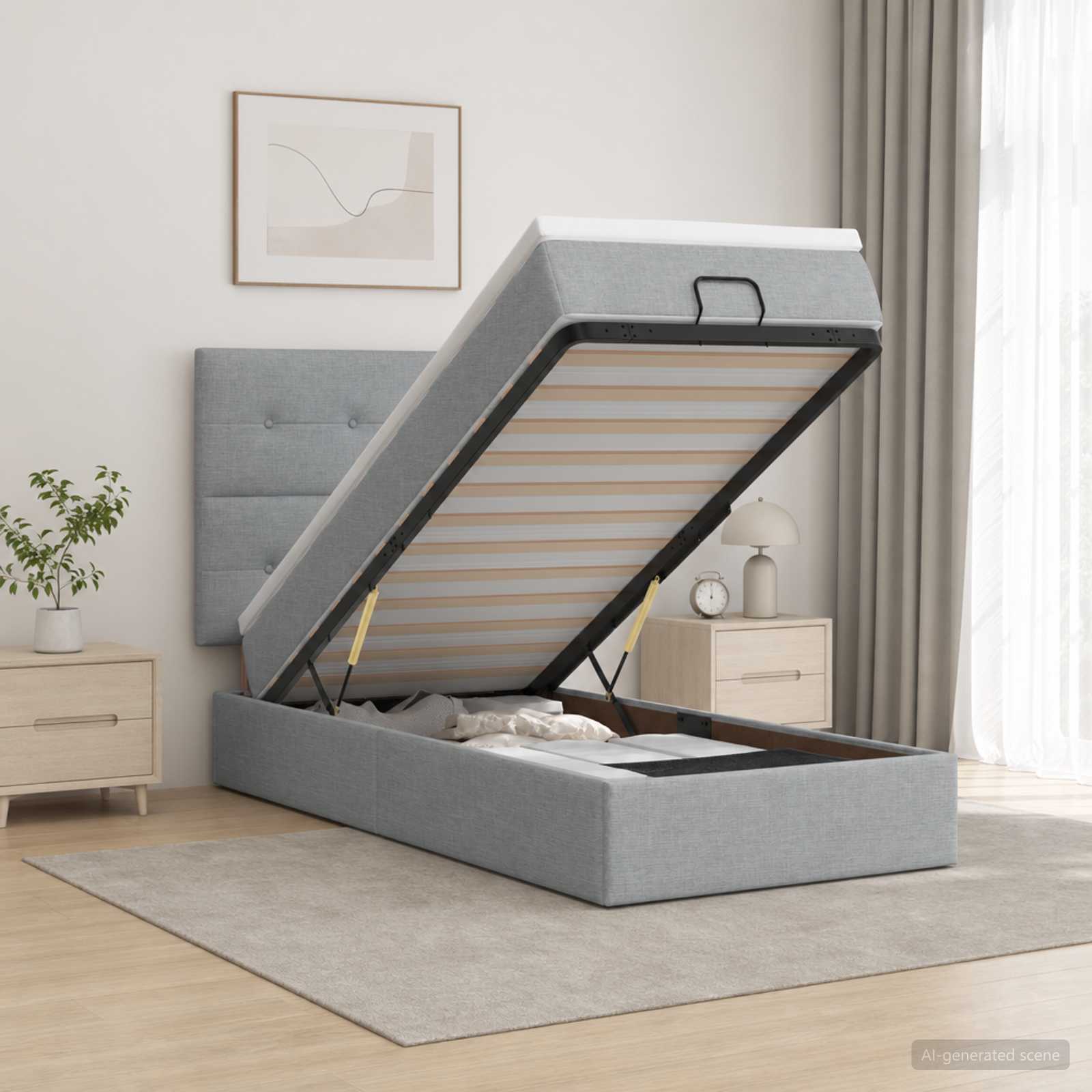Ottoman-Bett mit Matratze und LED Hellgrau 100 x 200 cm Stoff