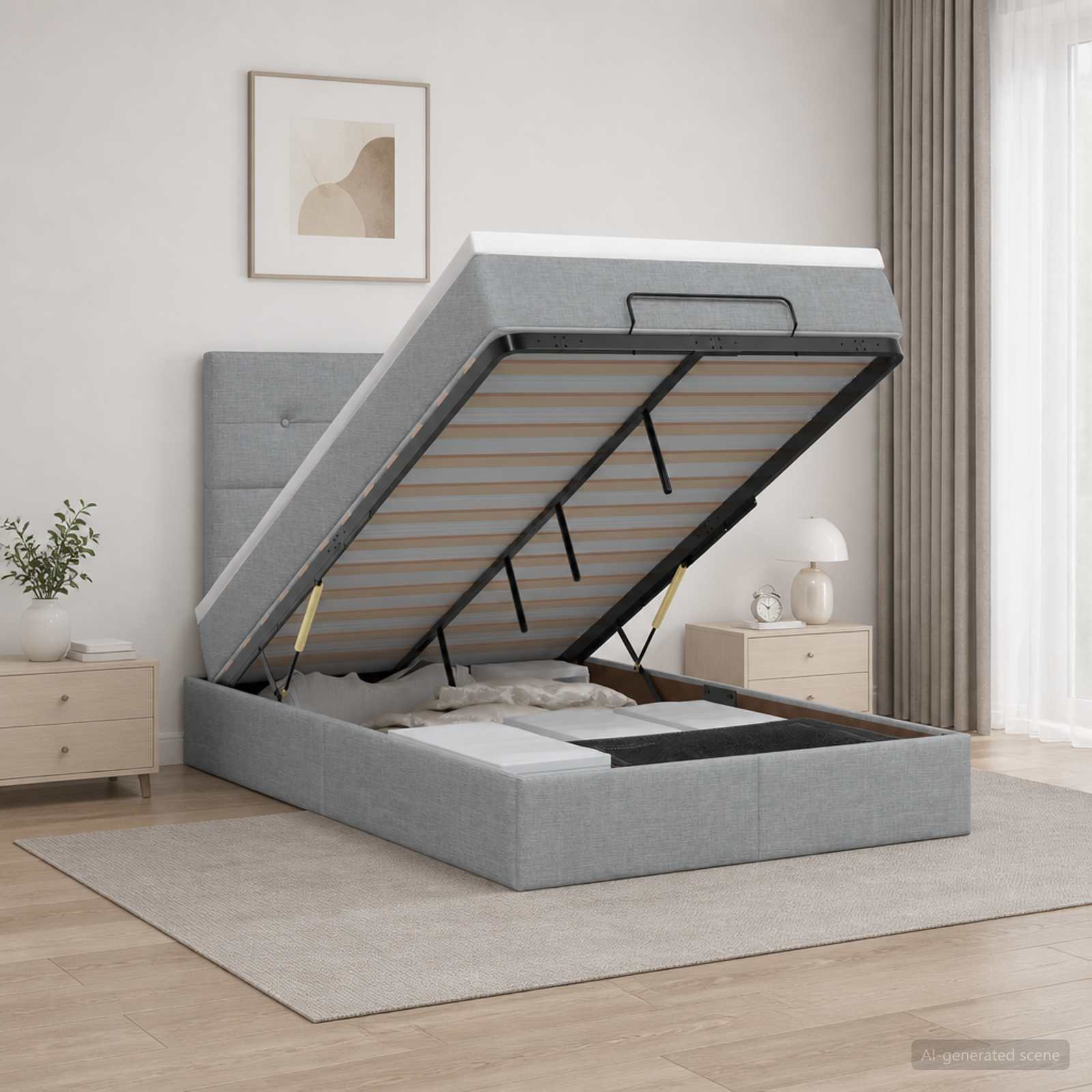 Ottoman Bett mit Matratze Hellgrau 120 x 200 cm Stoff
