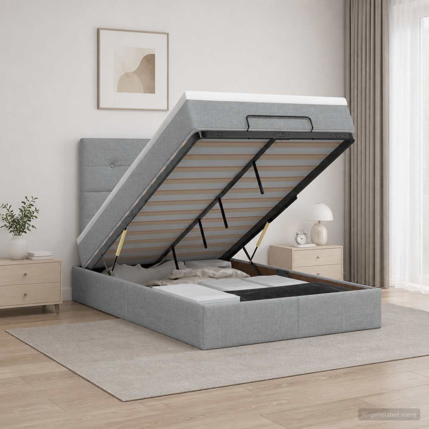 Ottoman-Bett mit Matratze und LED Hellgrau 120 x 200 cm Stoff