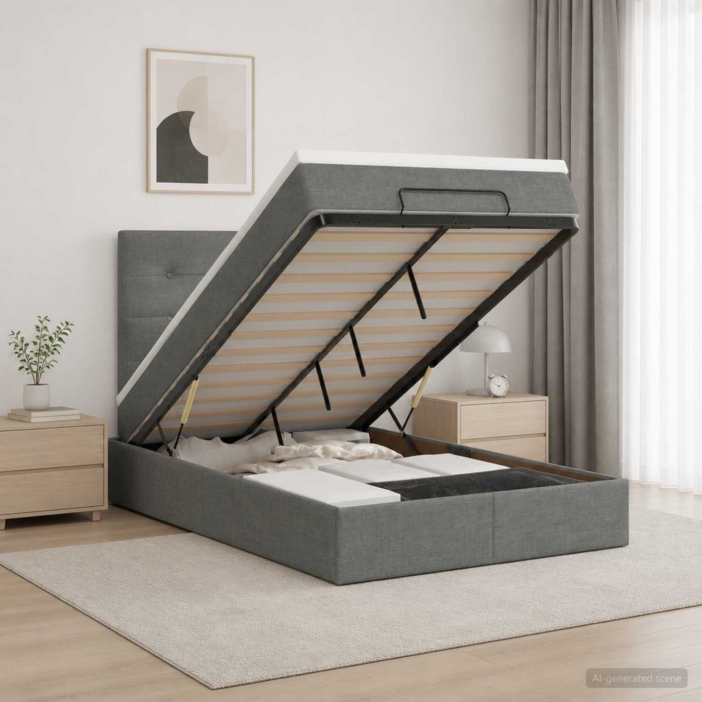 Ottoman Bett mit Matratze Dunkelgrau 120 x 190 cm Stoff