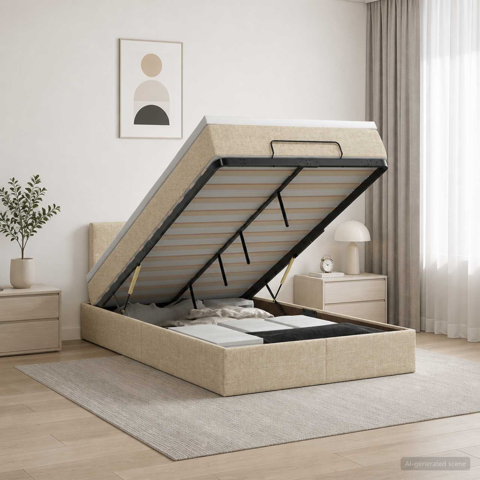 Ottoman-Bett mit Matratze und LED Creme 120 x 200 cm Stoff