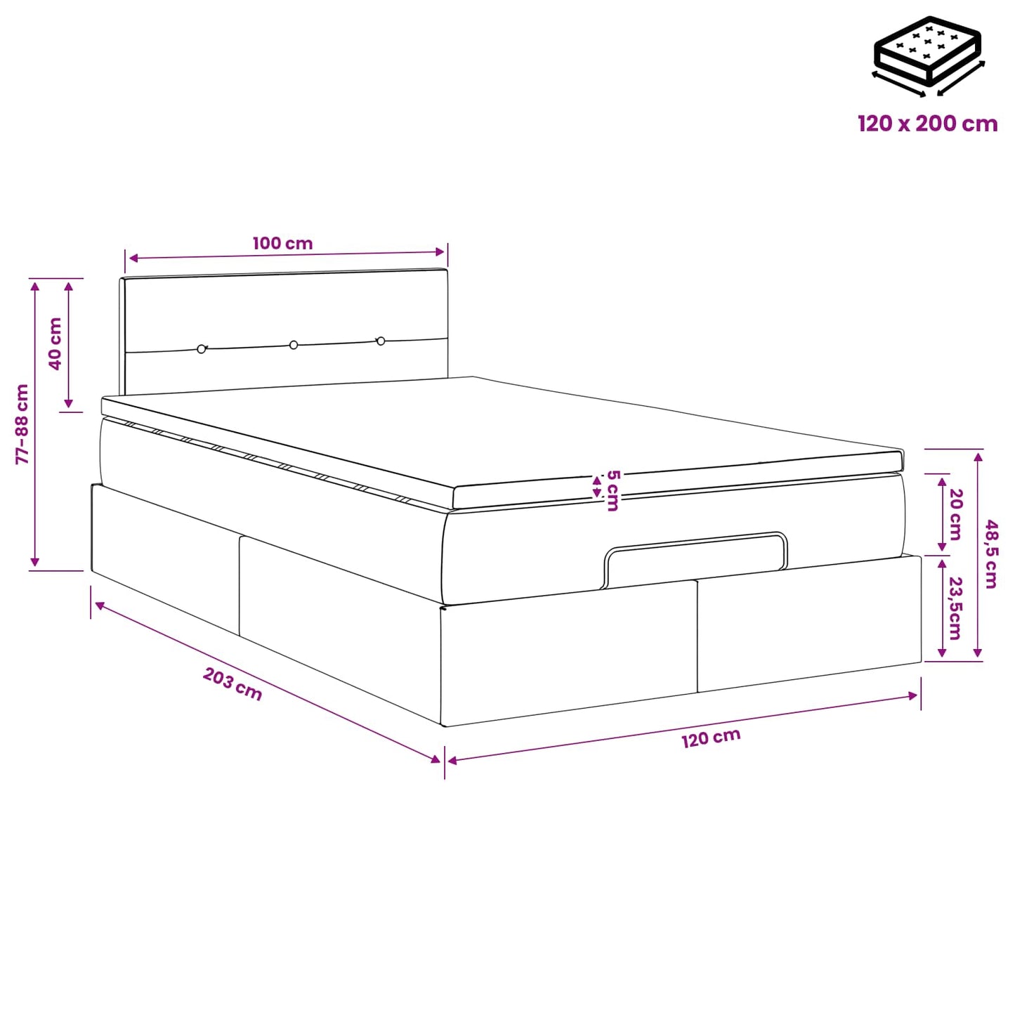 Ottoman Bett mit Matratze mit Kopfteil Creme 120 x 200 cm Stoff