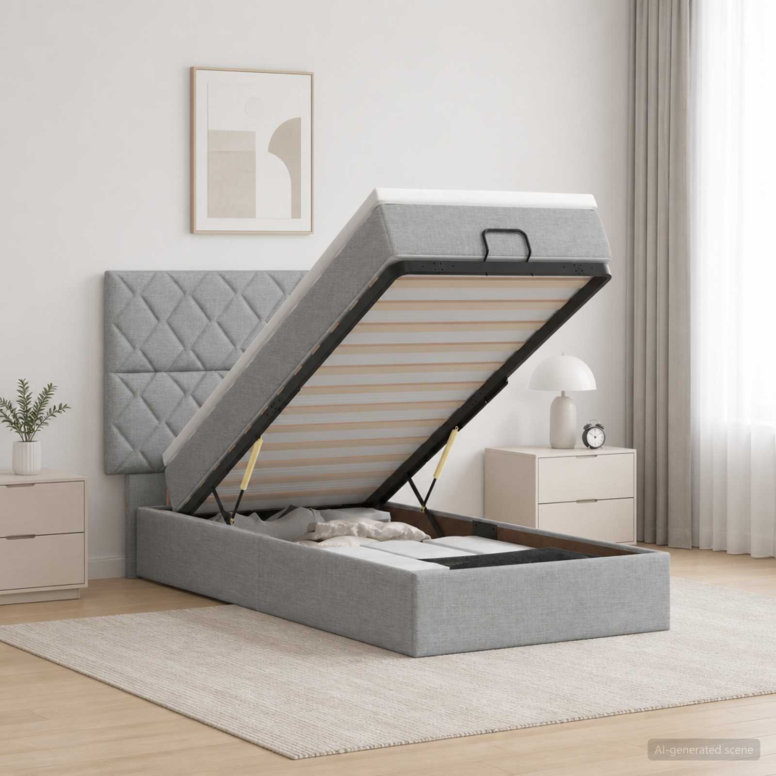 Ottoman-Bett mit Matratze und LED Hellgrau 90 x 200 cm Stoff