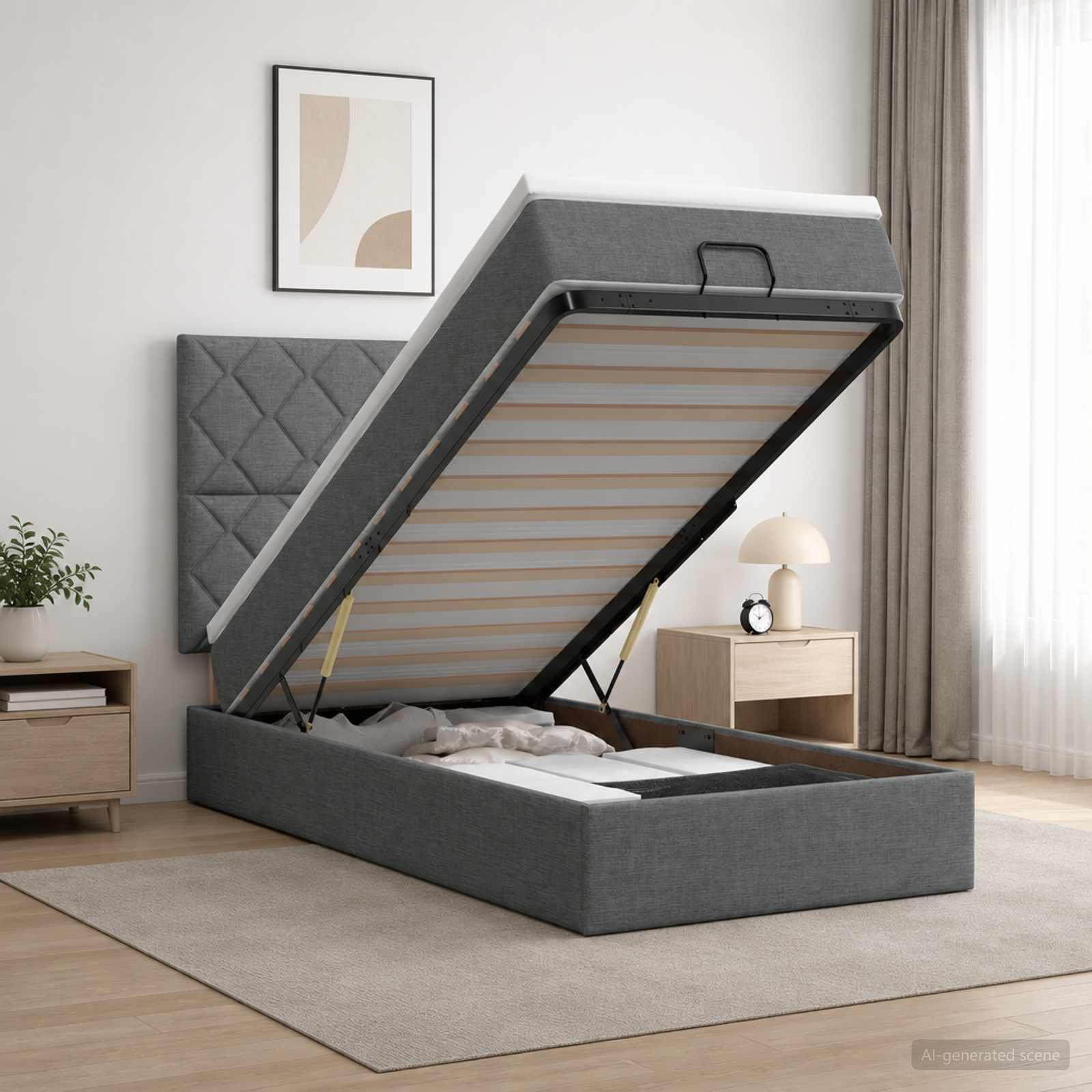 Ottoman Bett mit Matratze Dunkelgrau 100 x 200 cm Stoff