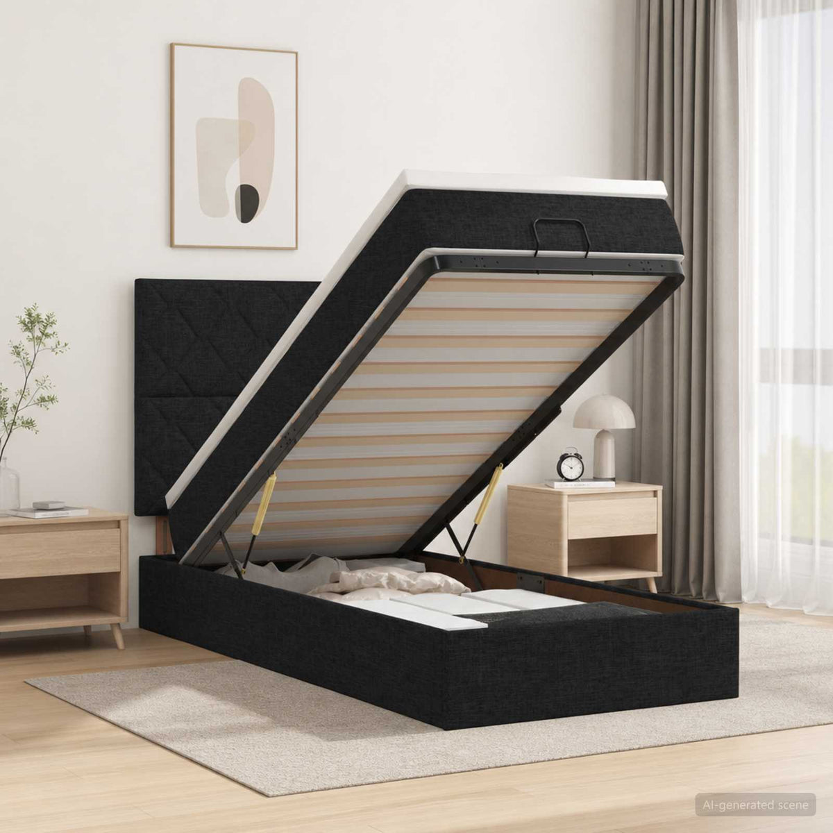 Ottoman-Bett mit Matratze und LED Schwarz 100 x 200 cm Stoff