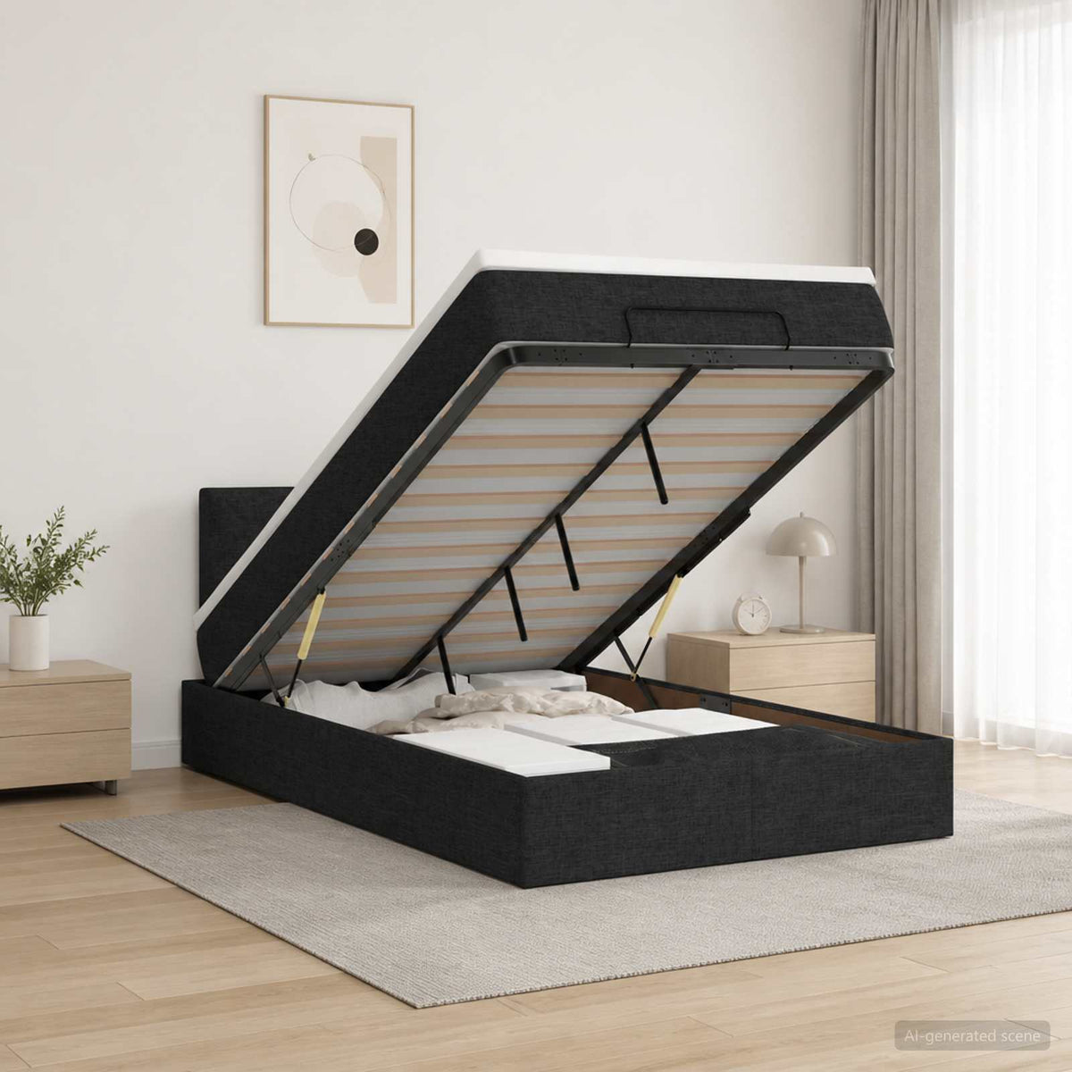 Ottoman-Bett mit Matratze und LED Schwarz 120 x 190 cm Stoff