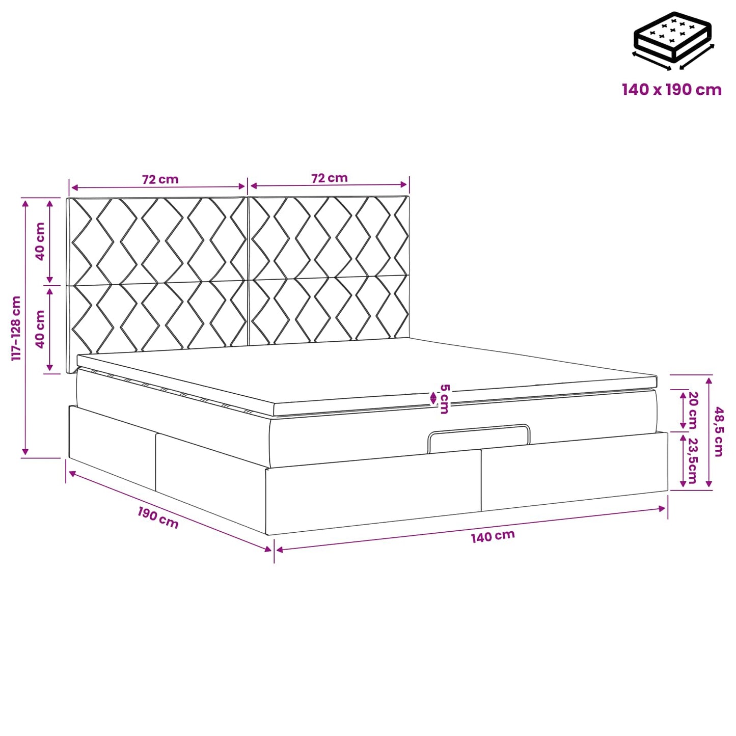 Ottoman Bett mit Matratze Dunkelgrau 140 x 190 cm Stoff