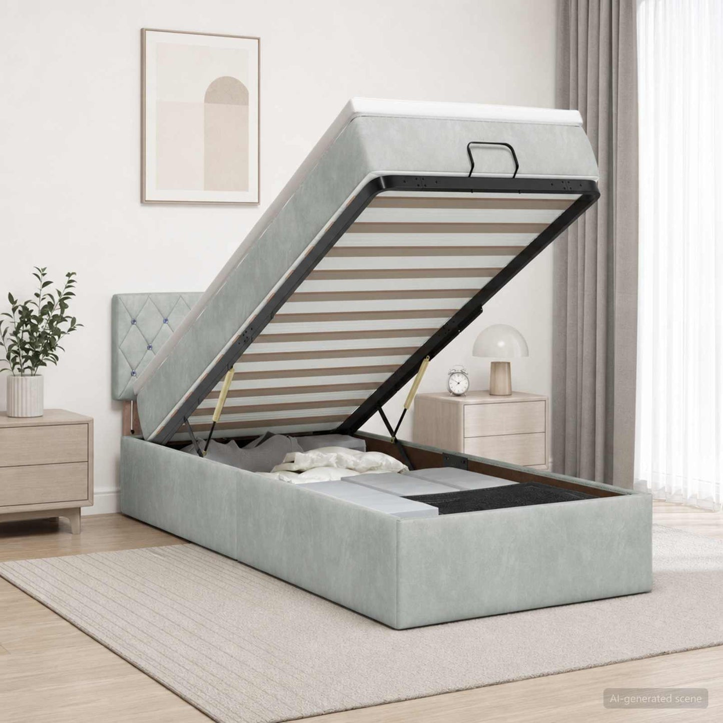 Ottoman Bett mit Matratze Hellgrau 100 x 200 cm Samt