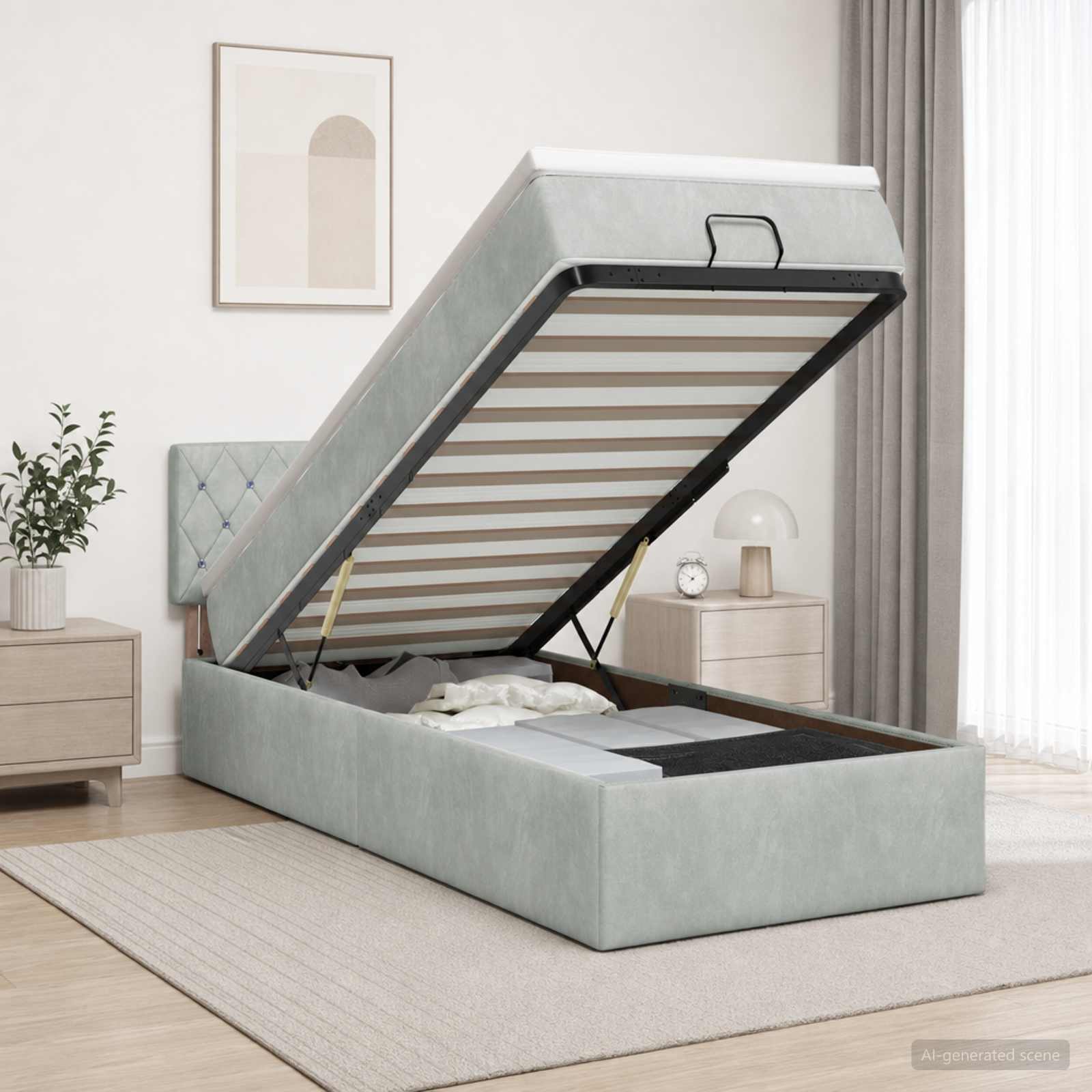 Ottoman Bett mit Matratze Hellgrau 100 x 200 cm Samt