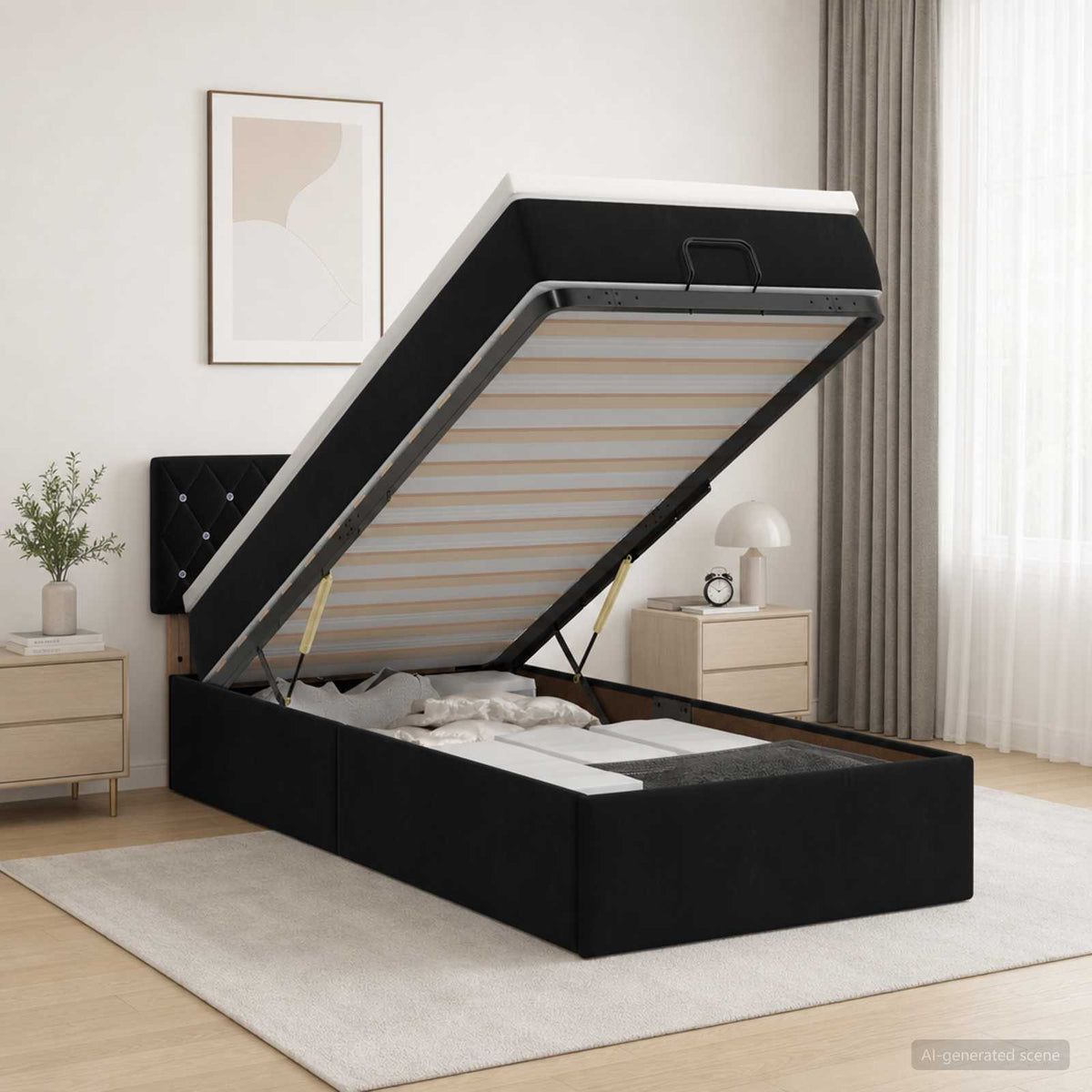 Ottoman-Bett mit Matratze und LED Schwarz 90 x 200 cm Samt