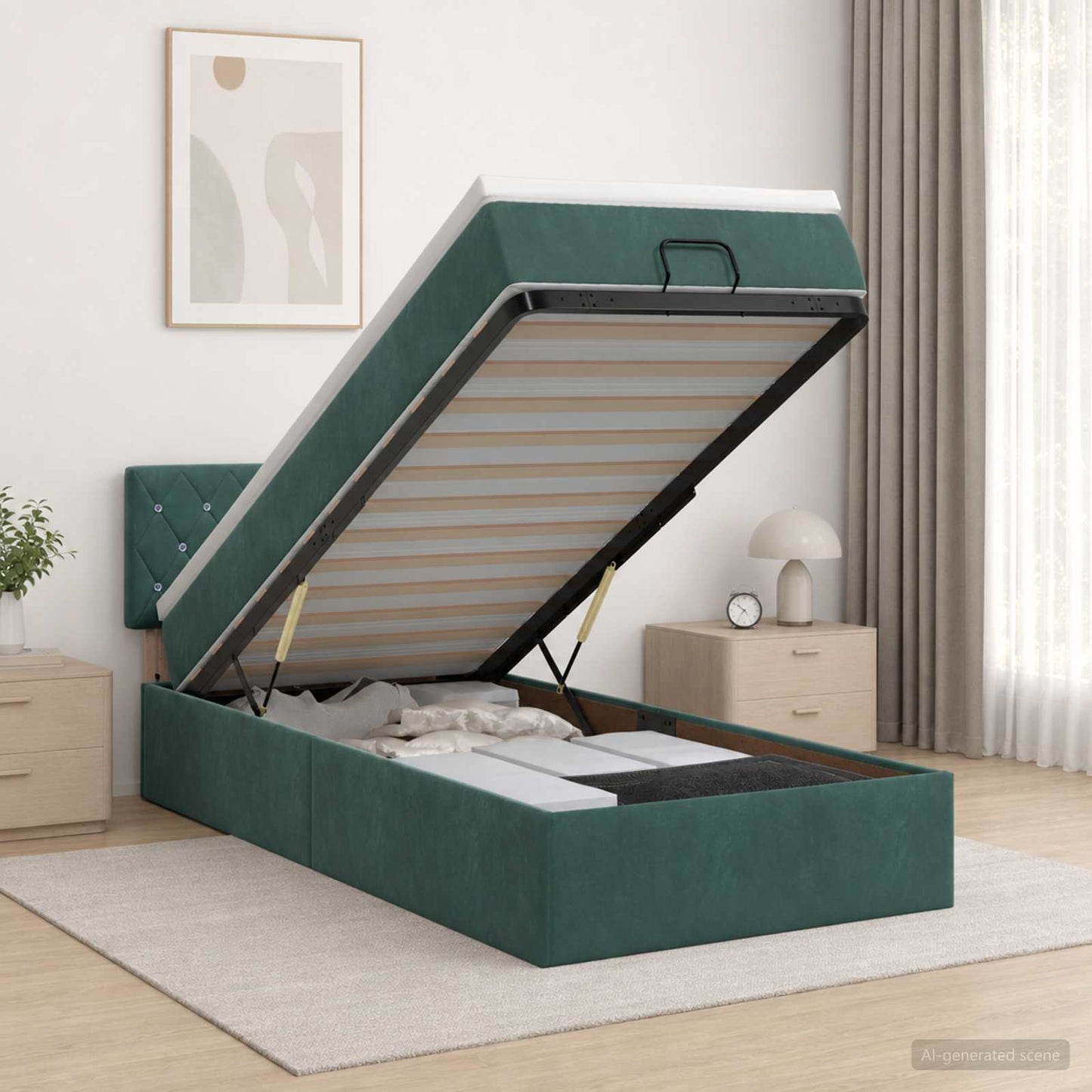 Ottoman-Bett mit Matratze und LED Dunkelgrün 100 x 200 cm Samt