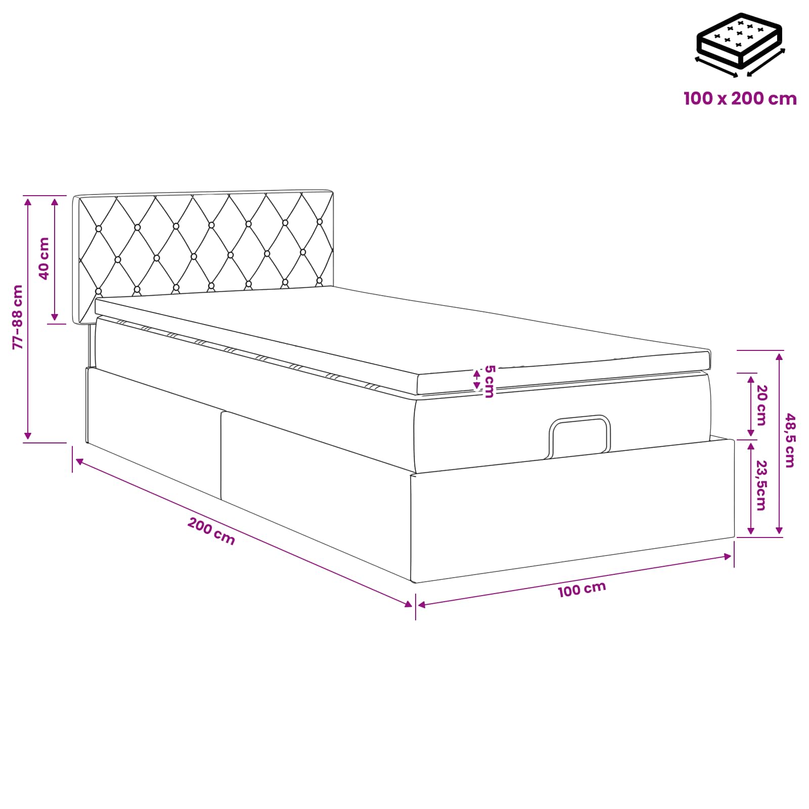 Ottoman Bett mit Matratze Dunkelgrau 100 x 200 cm Samt