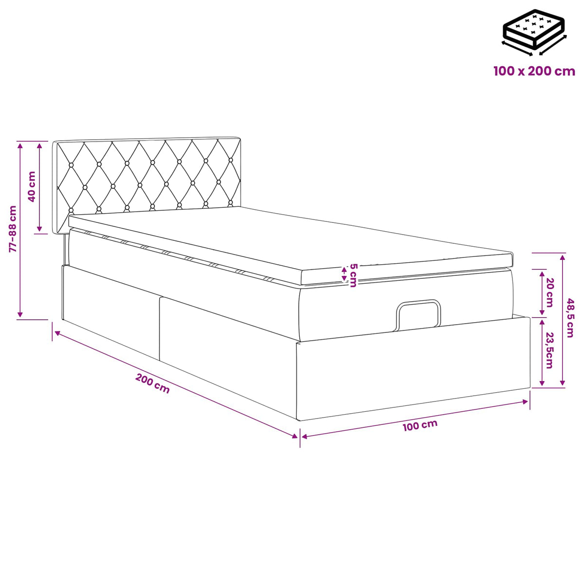 Ottoman Bett mit Matratze Schwarz 100 x 200 cm Samt
