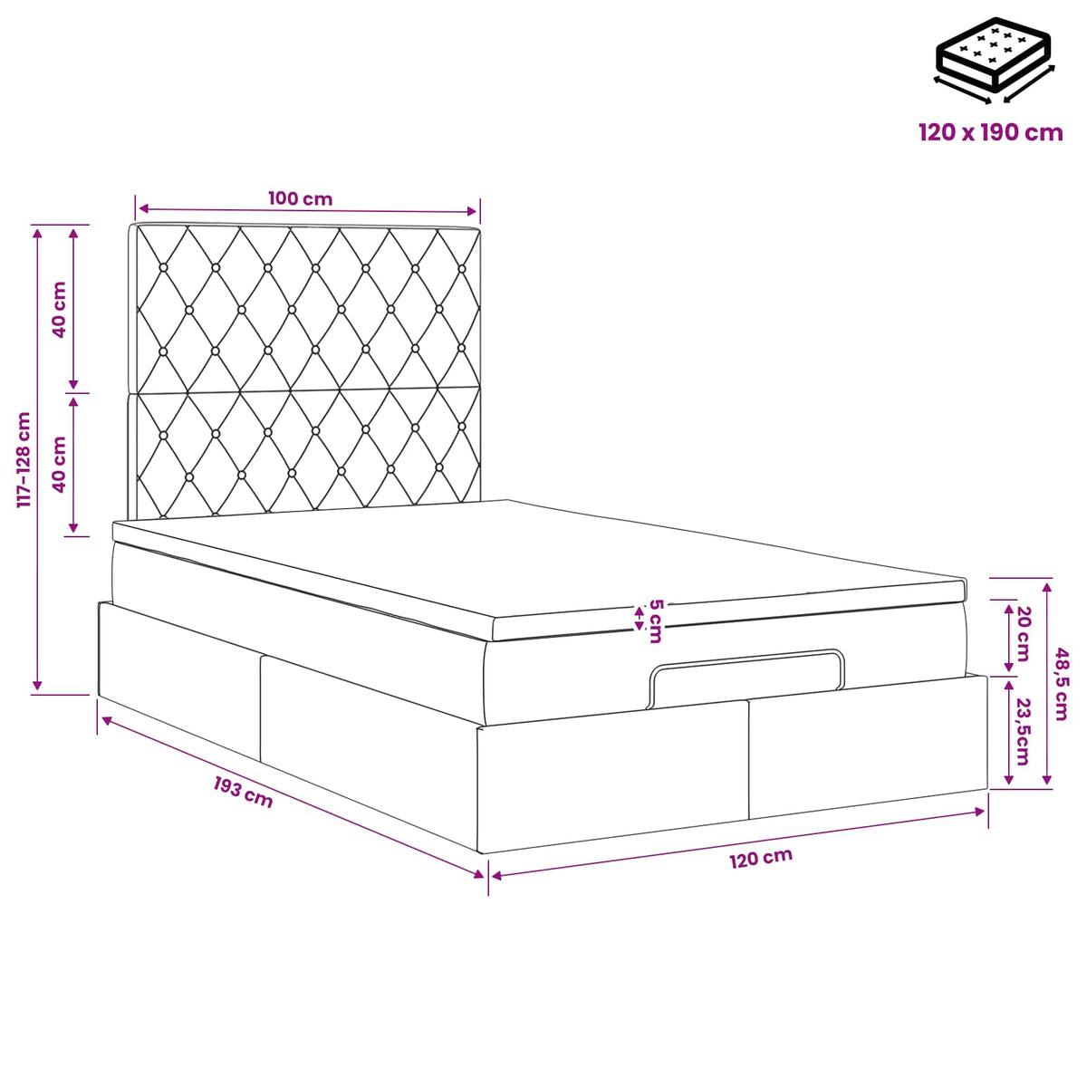 Ottoman Bett mit Matratze Hellgrau 120 x 190 cm Samt