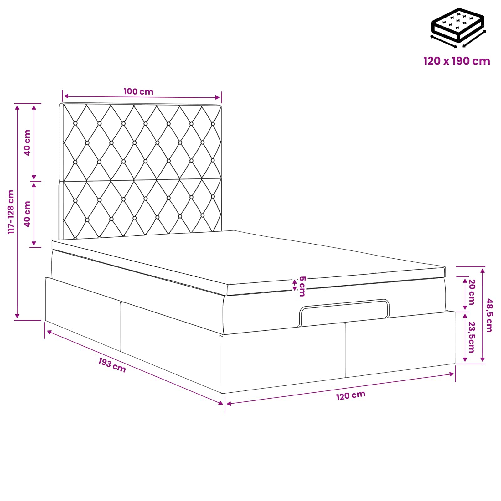 Ottoman Bett mit Matratze Dunkelgrau 120 x 190 cm Samt