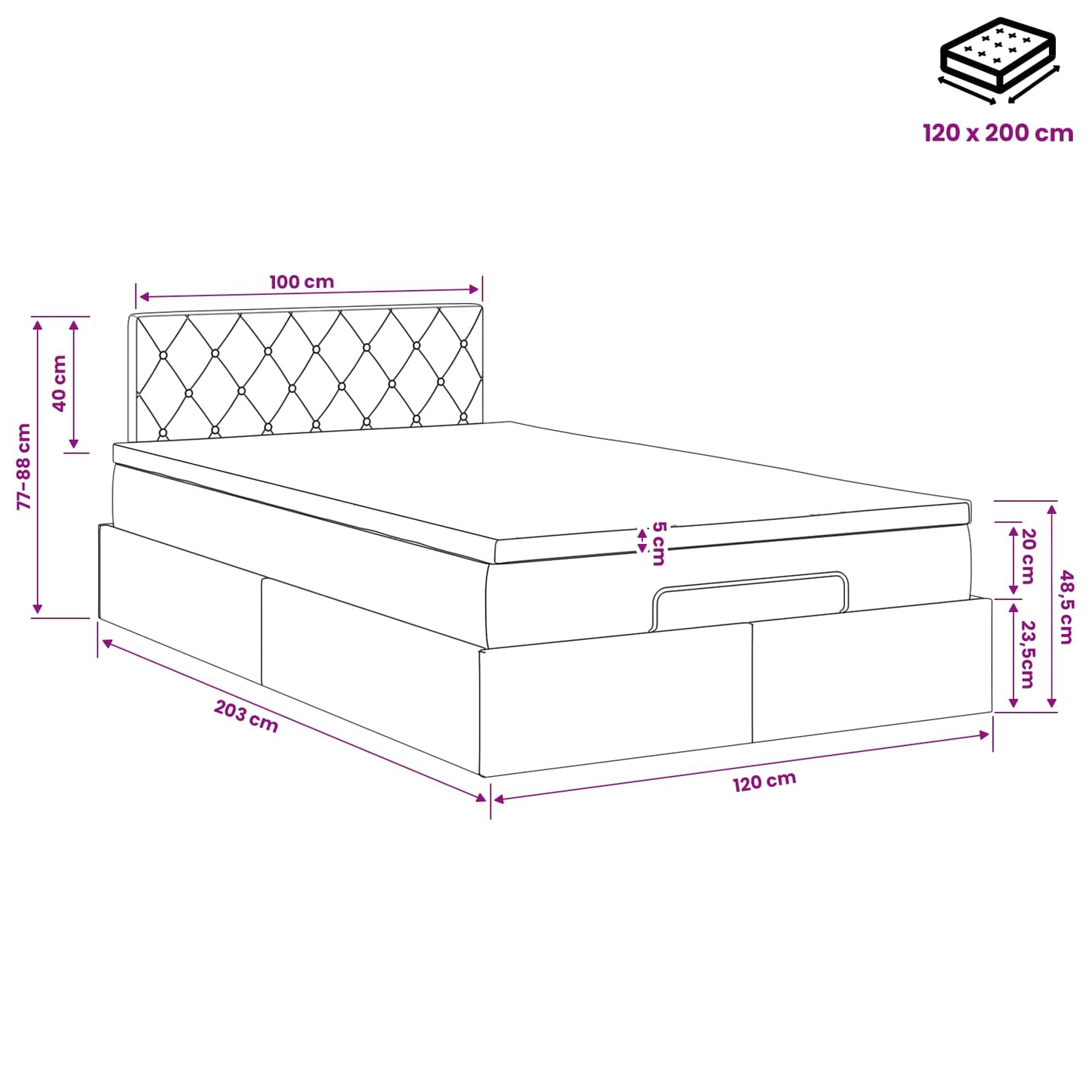 Ottoman Bett mit Matratze Hellgrau 120 x 200 cm Samt
