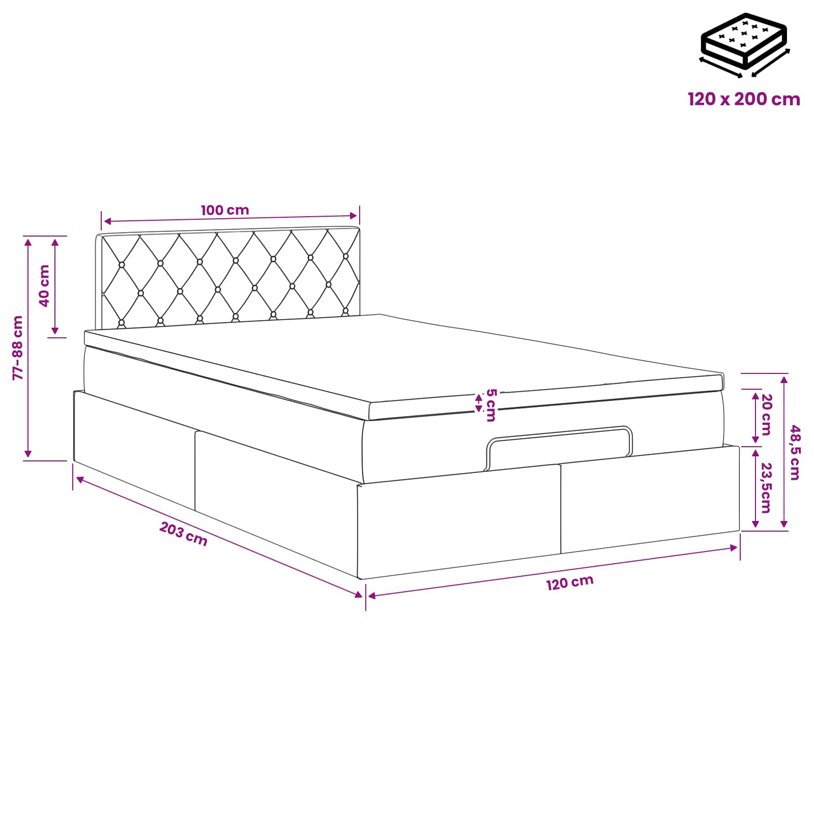 Ottoman Bett mit Matratze Hellgrau 120 x 200 cm Samt