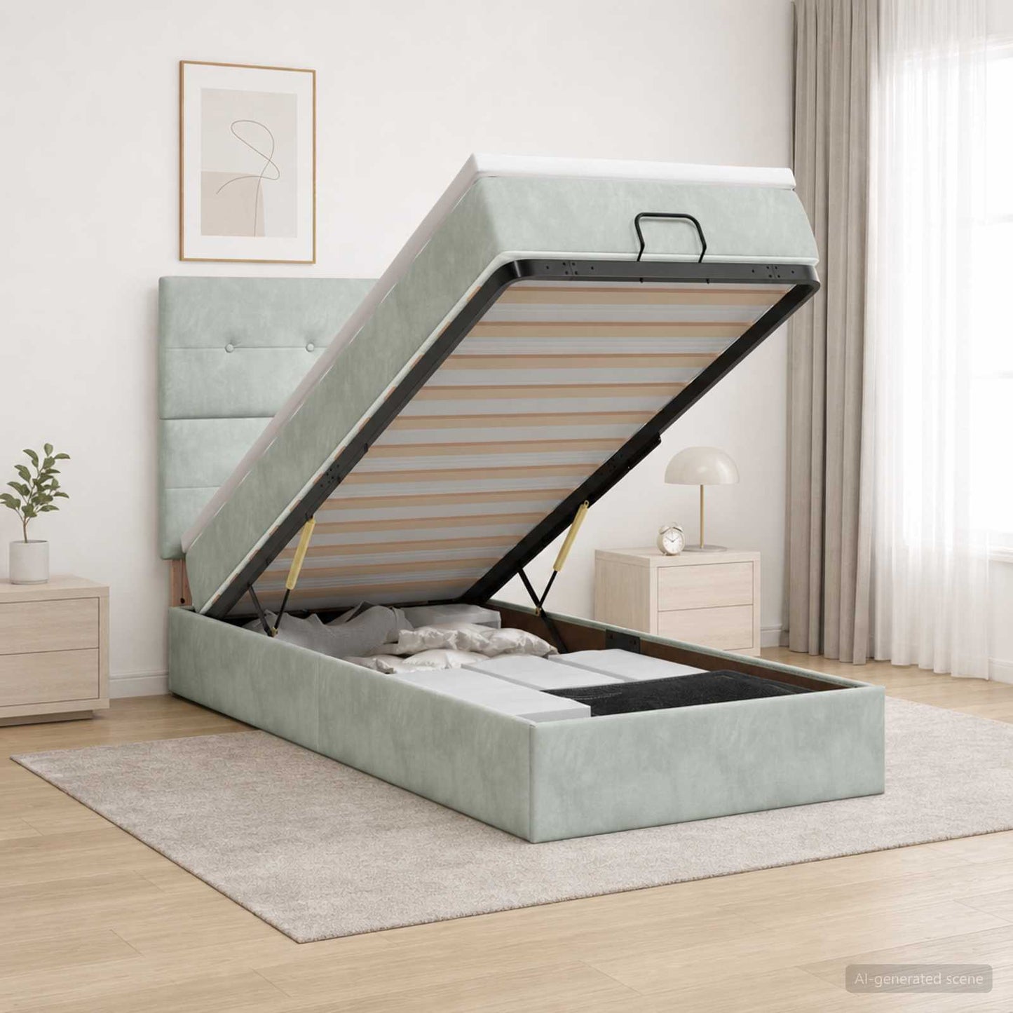 Ottoman-Bett mit Matratze und LED Hellgrau 90 x 190 cm Samt