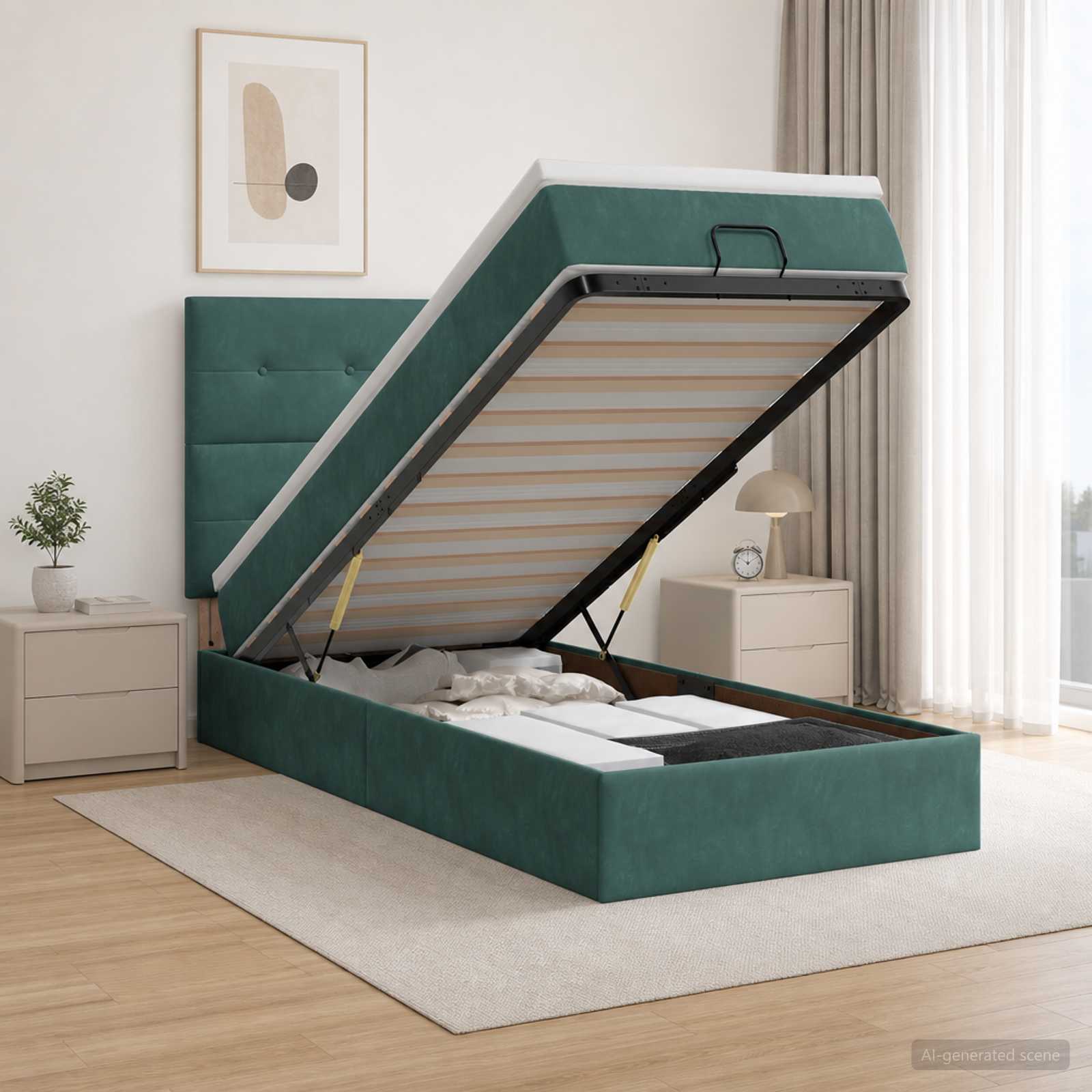 Ottoman-Bett mit Matratze und LED Dunkelgrün 90 x 190 cm Samt