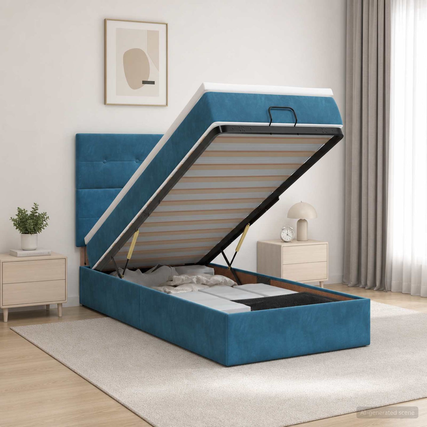 Ottoman Bett mit Matratze Dunkelblau 90 x 200 cm Samt