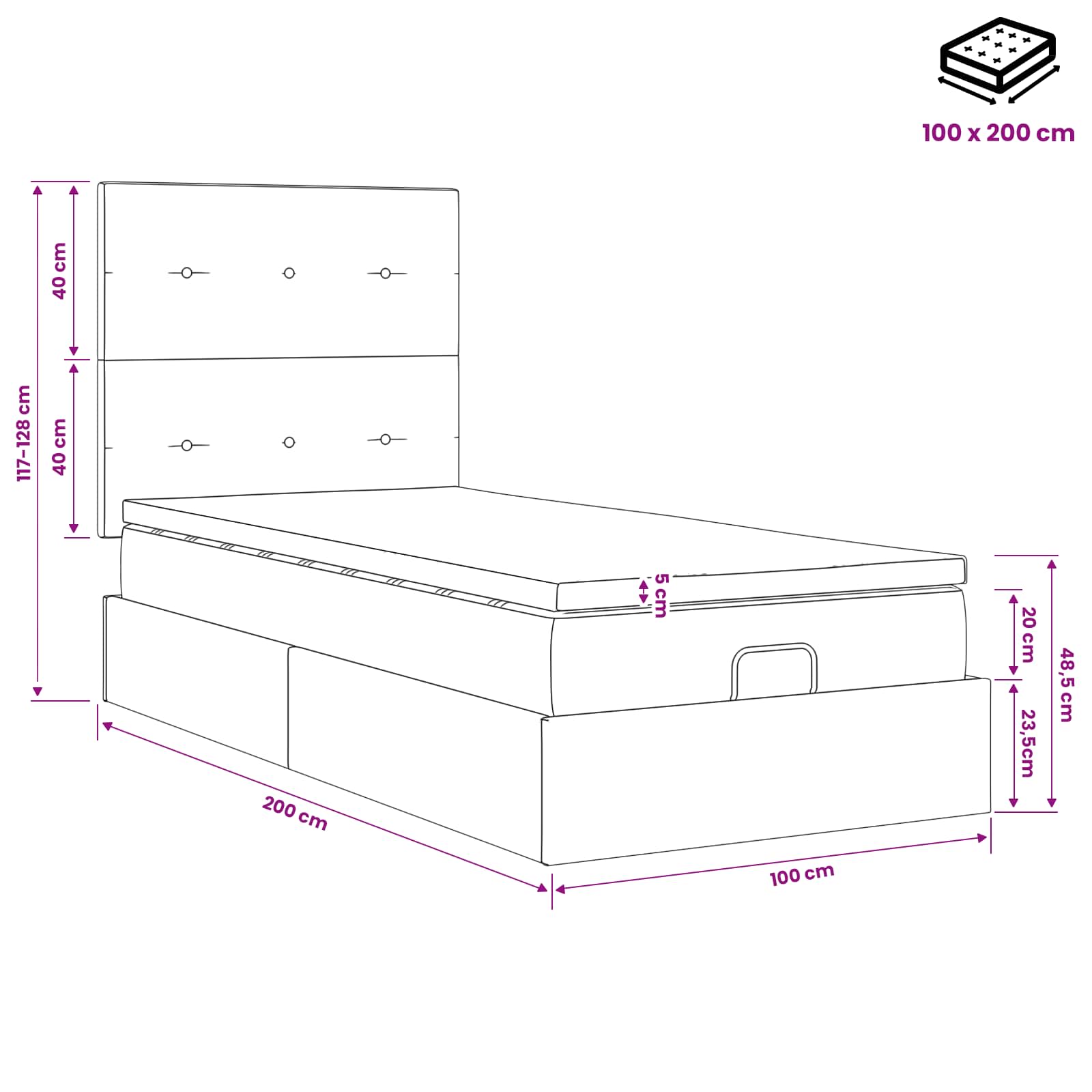Ottoman Bett mit Matratze mit Kopfteil Rosa 100 x 200 cm Samt