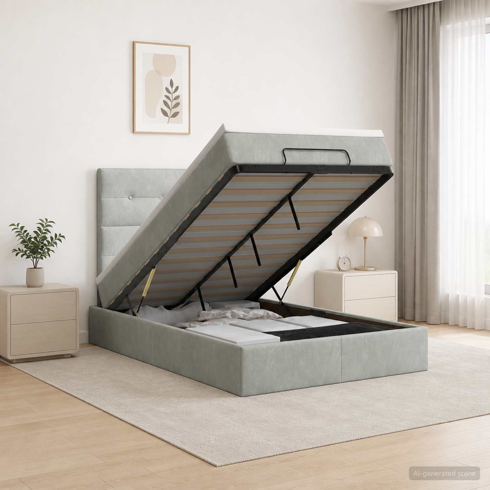 Ottoman Bett mit Matratze Hellgrau 120 x 200 cm Samt