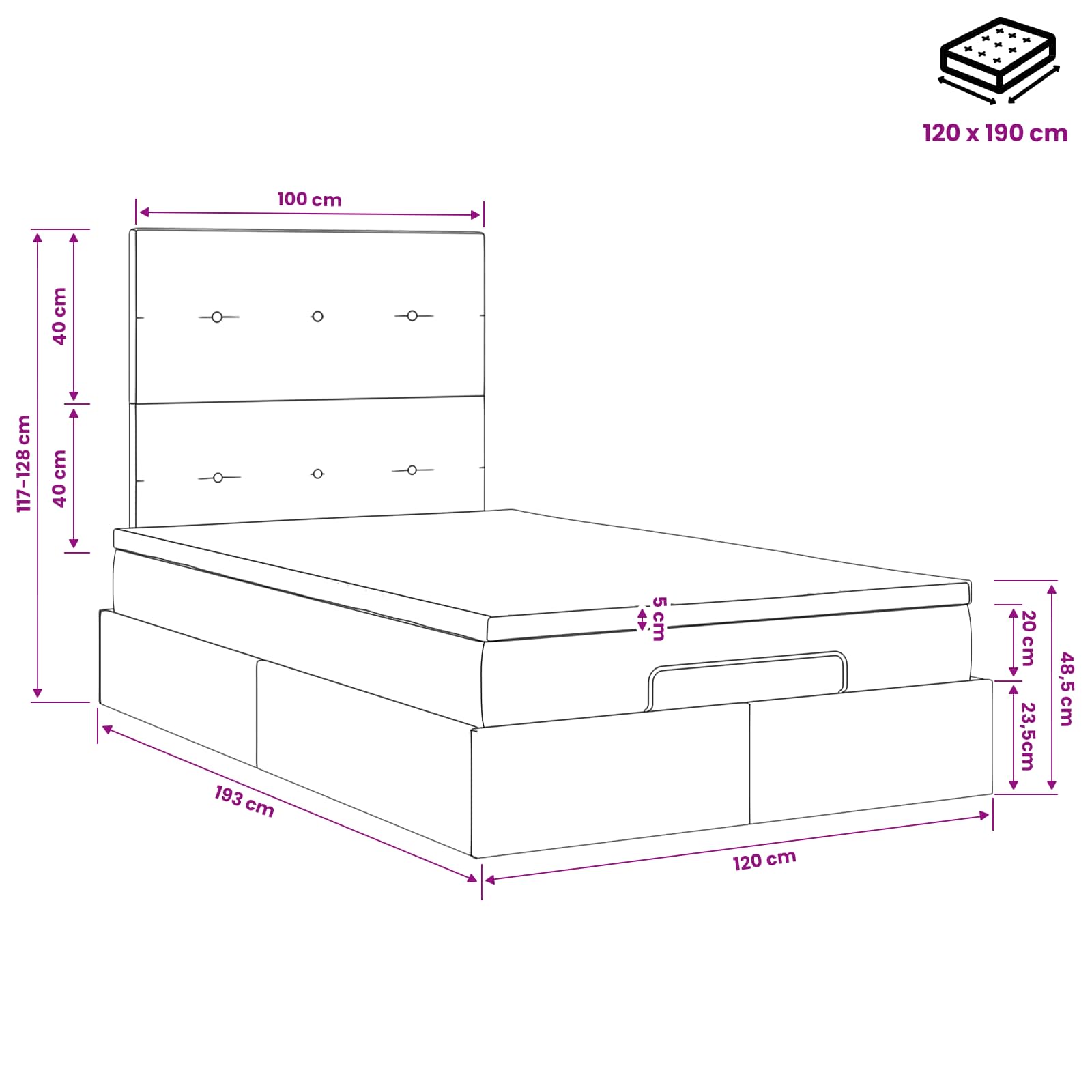 Ottoman Bett mit Matratze Dunkelgrau 120 x 190 cm Samt