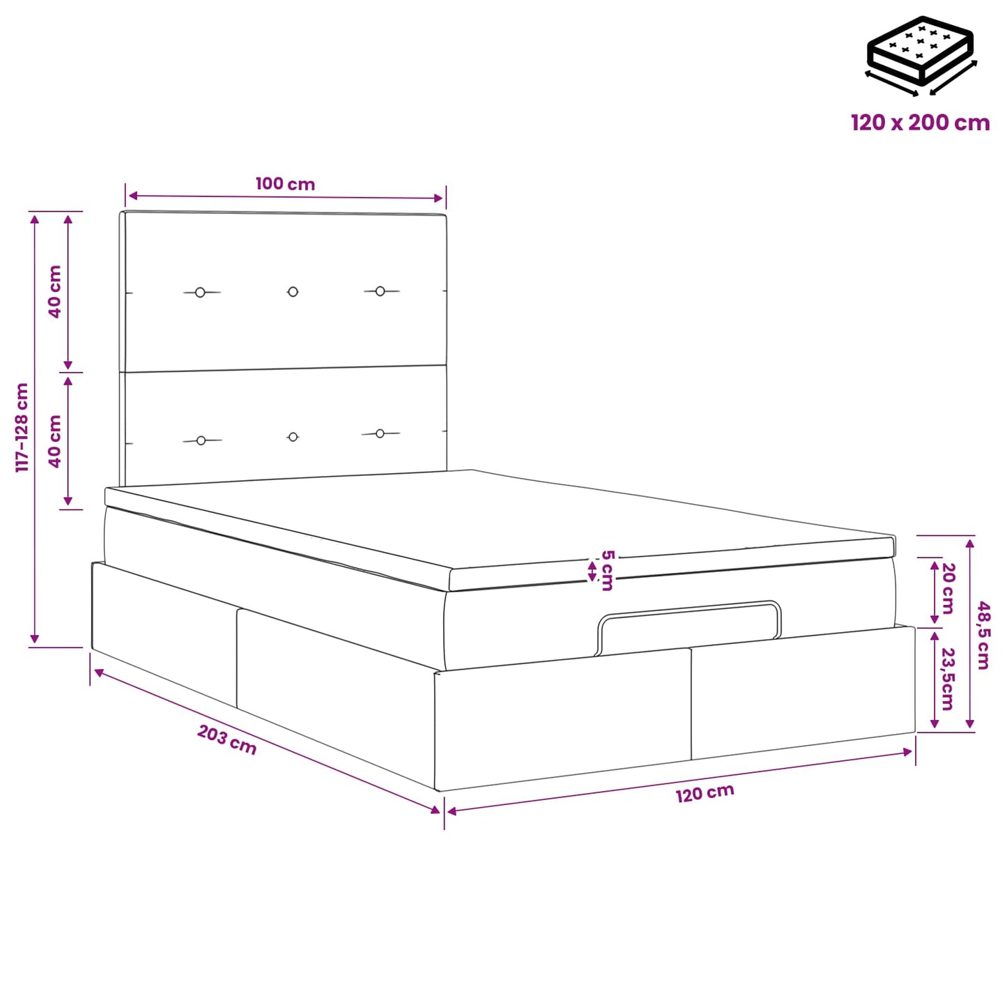 Ottoman Bett mit Matratze Hellgrau 120 x 200 cm Samt
