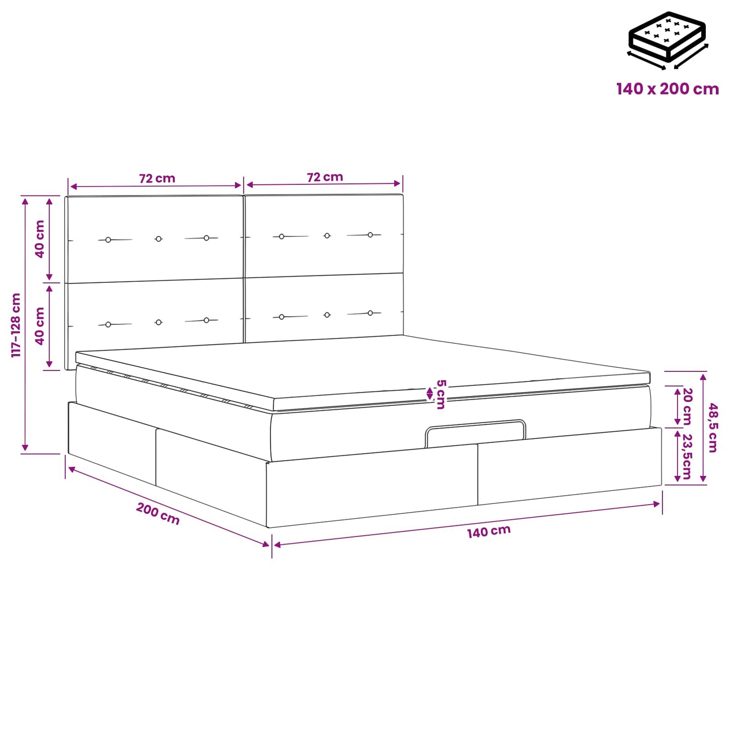 Ottoman Bett mit Matratze Dunkelgrau 140 x 200 cm Samt