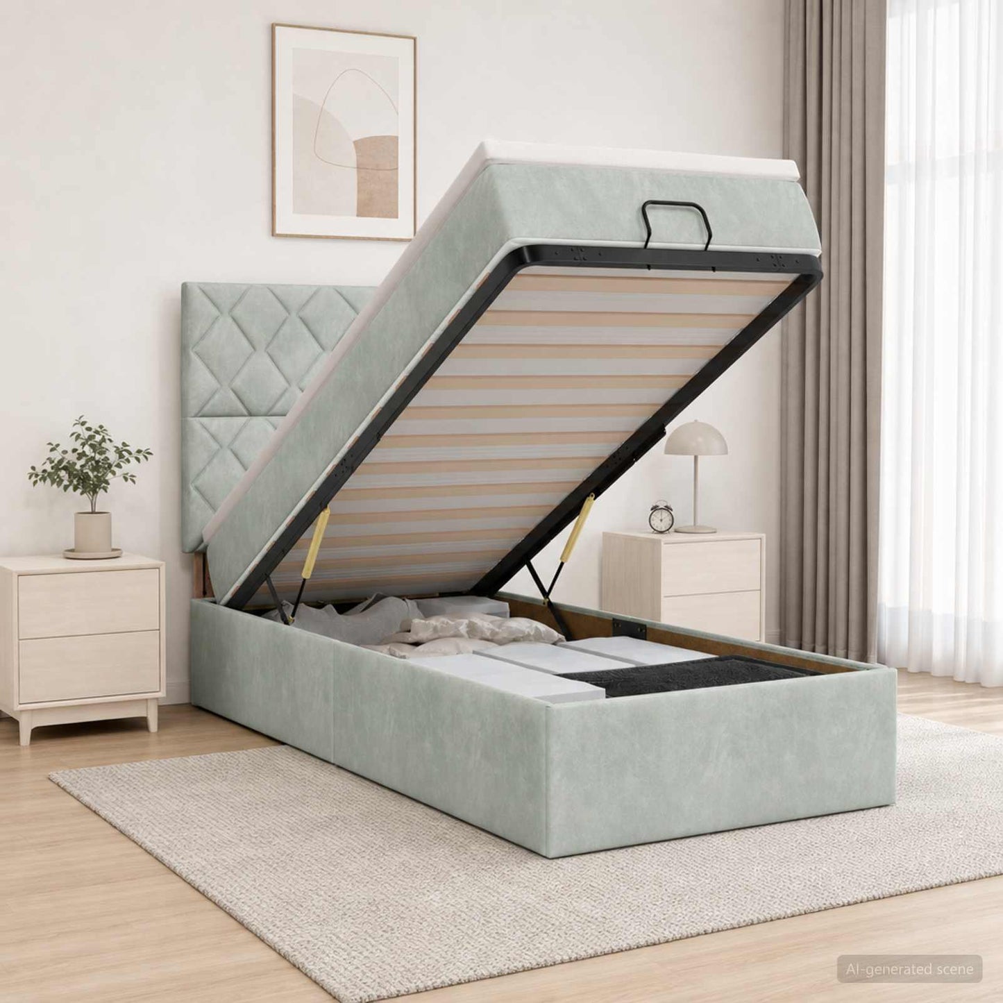 Ottoman Bett mit Matratze Hellgrau 80 x 200 cm Samt