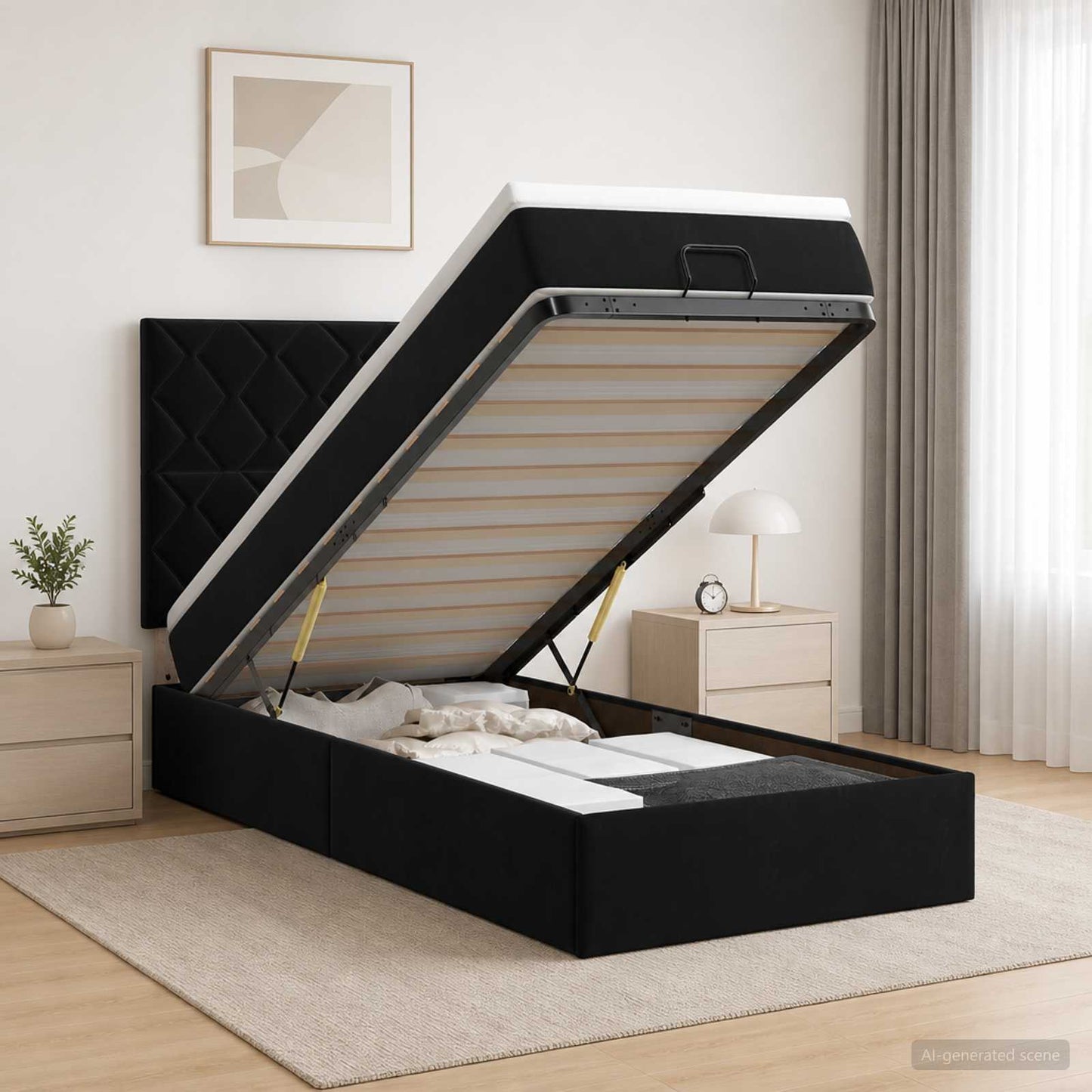 Ottoman-Bett mit Matratze und LED Schwarz 100 x 200 cm Samt