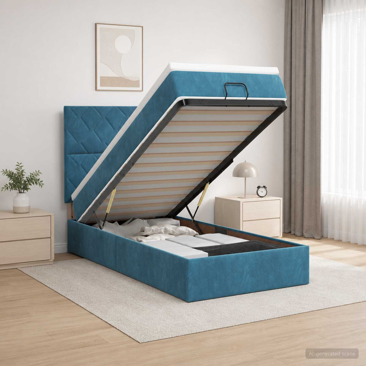 Ottoman Bett mit Matratze Dunkelblau 100 x 200 cm Samt