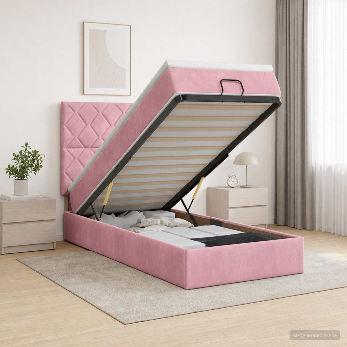 Ottoman Bett mit Matratze mit Kopfteil Rosa 100 x 200 cm Samt