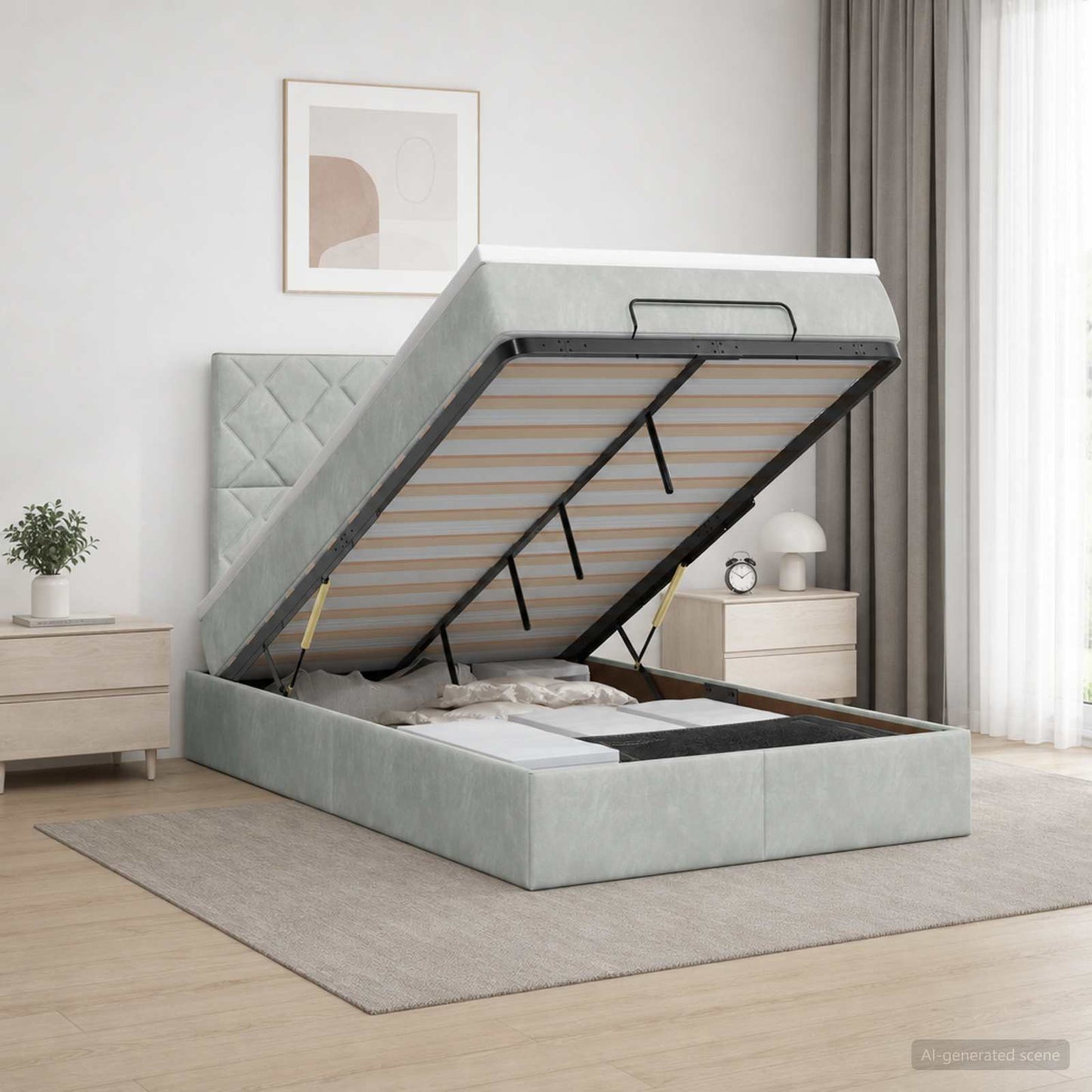 Ottoman-Bett mit Matratze und LED Hellgrau 120 x 200 cm Samt